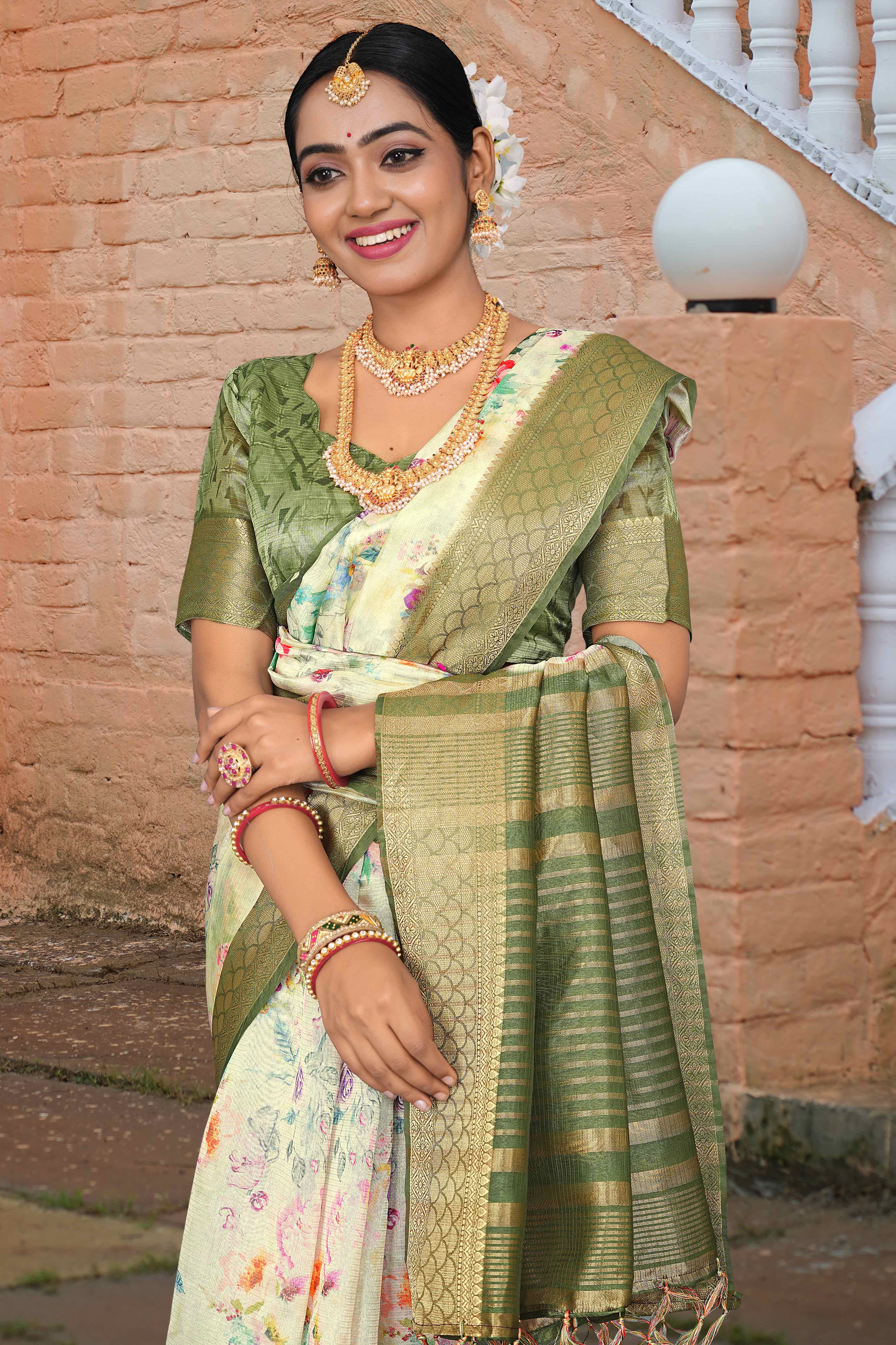 Pista Green Floral Digital Printed Silk Blend Saree With Intricate Weaving Border & Tassel Pallu - Image 5