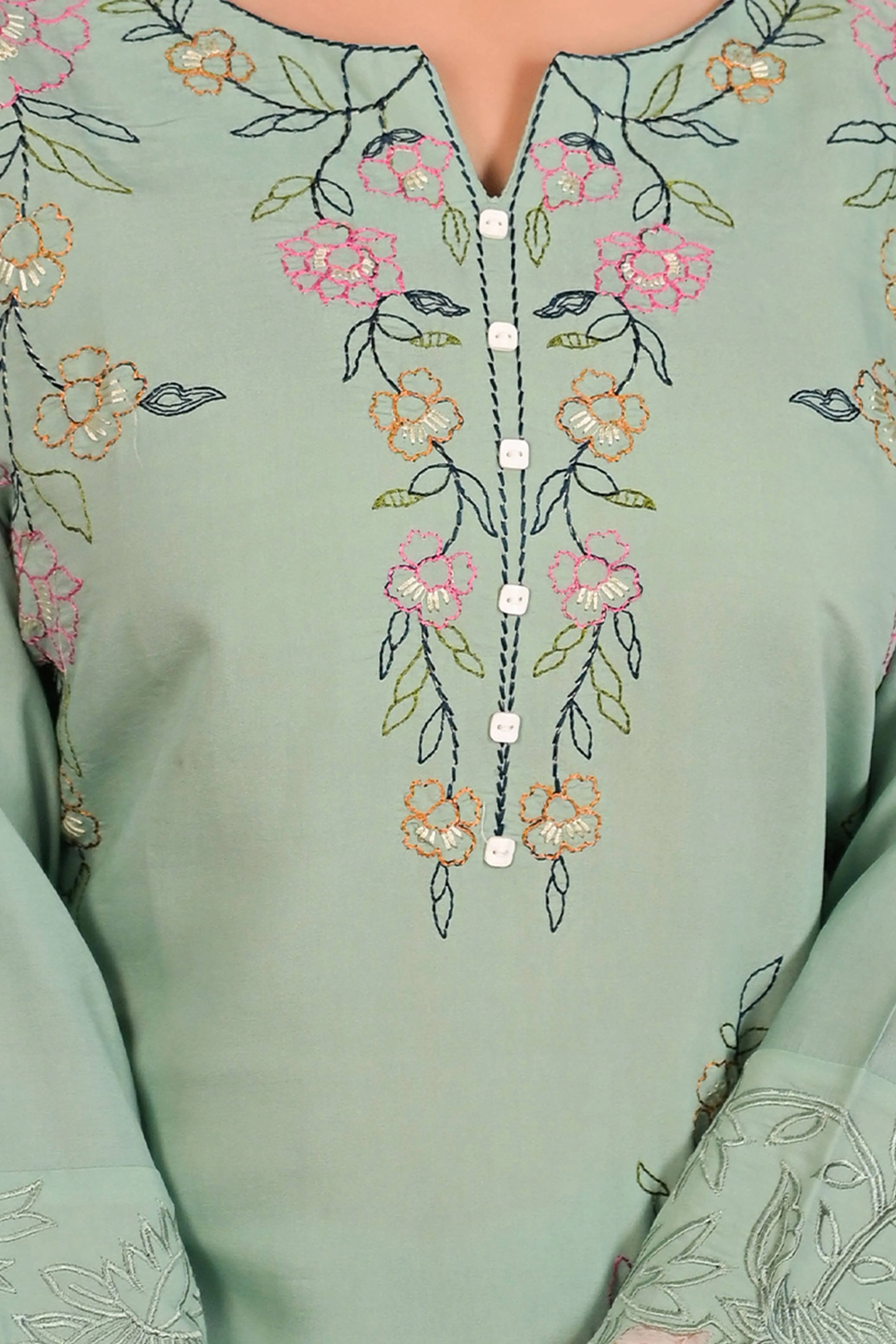 Pista Green Floral Embroidered Chanderi Top Bottom Set - Image 3