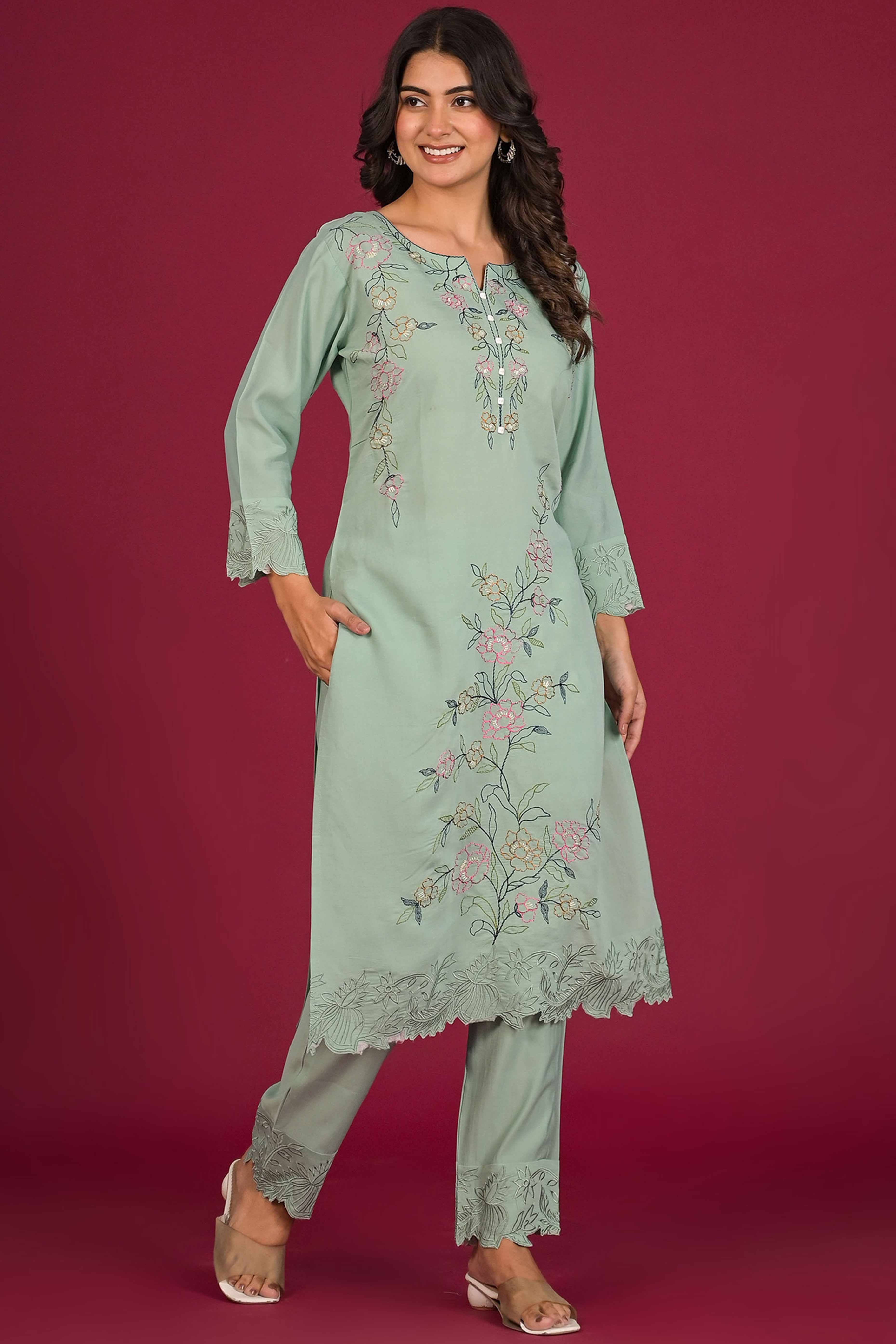 Pista Green Floral Embroidered Chanderi Top Bottom Set - Image 4