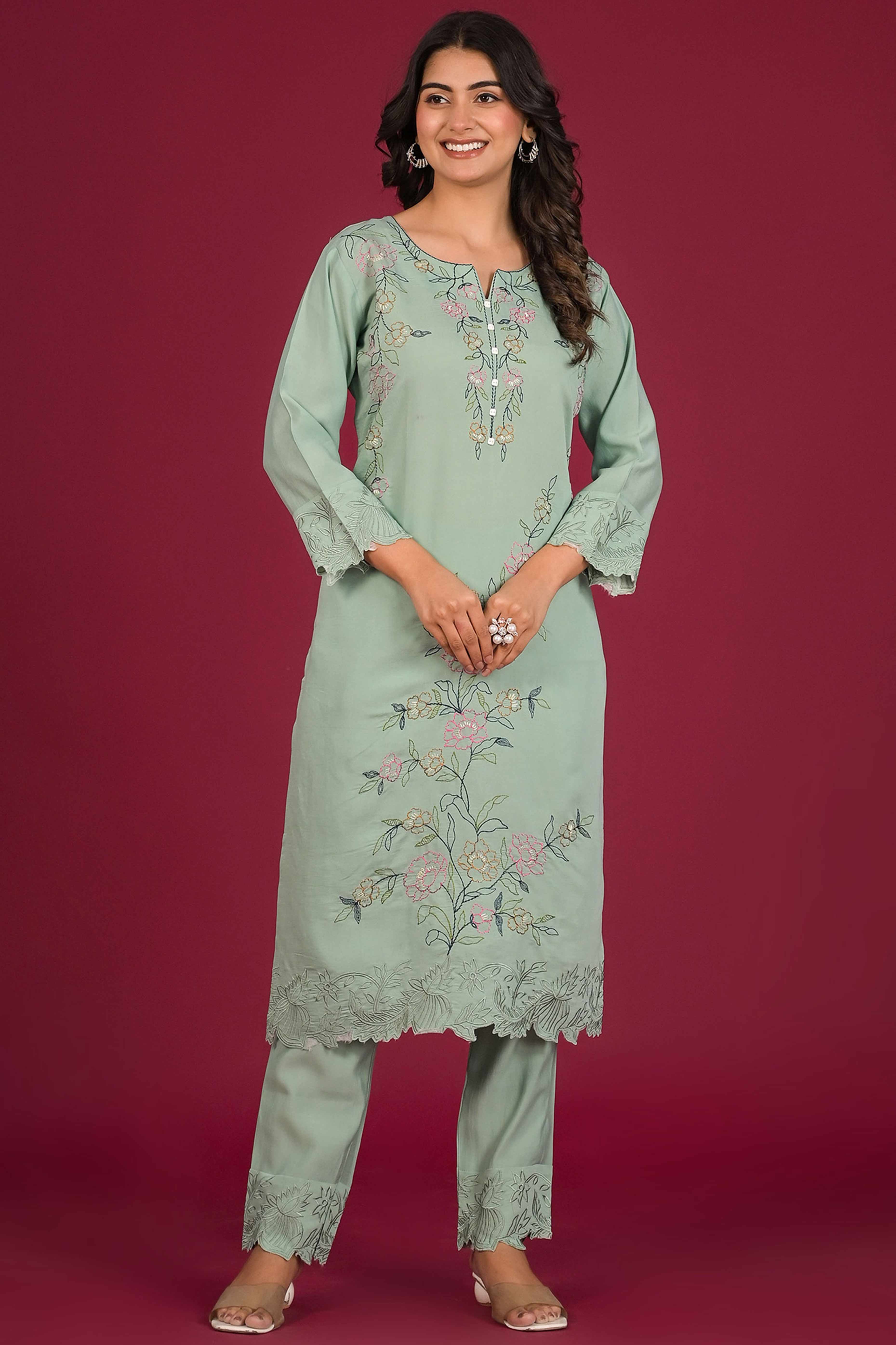 Pista Green Floral Embroidered Chanderi Top Bottom Set - Image 6