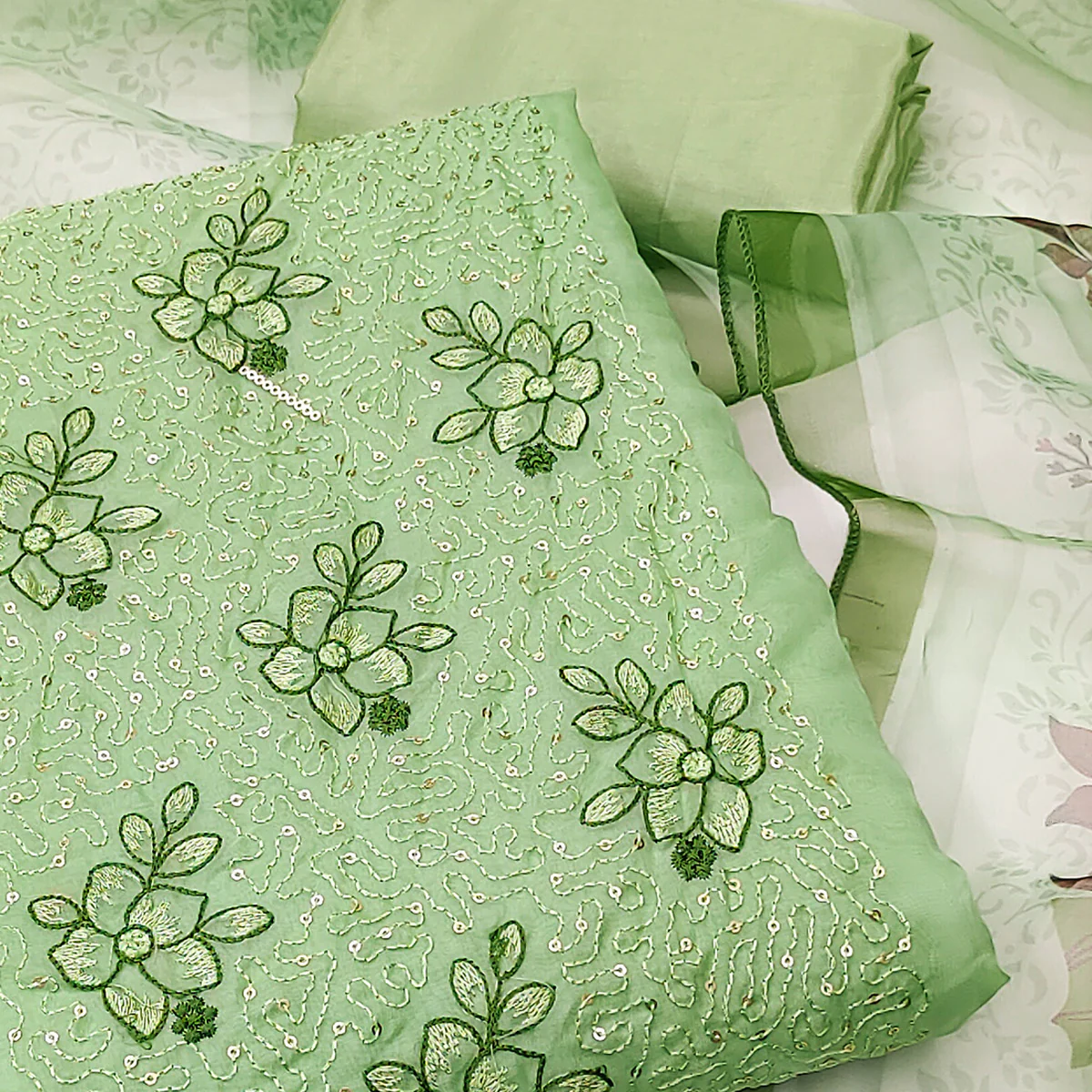 Pista Green Floral Embroidered Organza Dress Material - Image 2