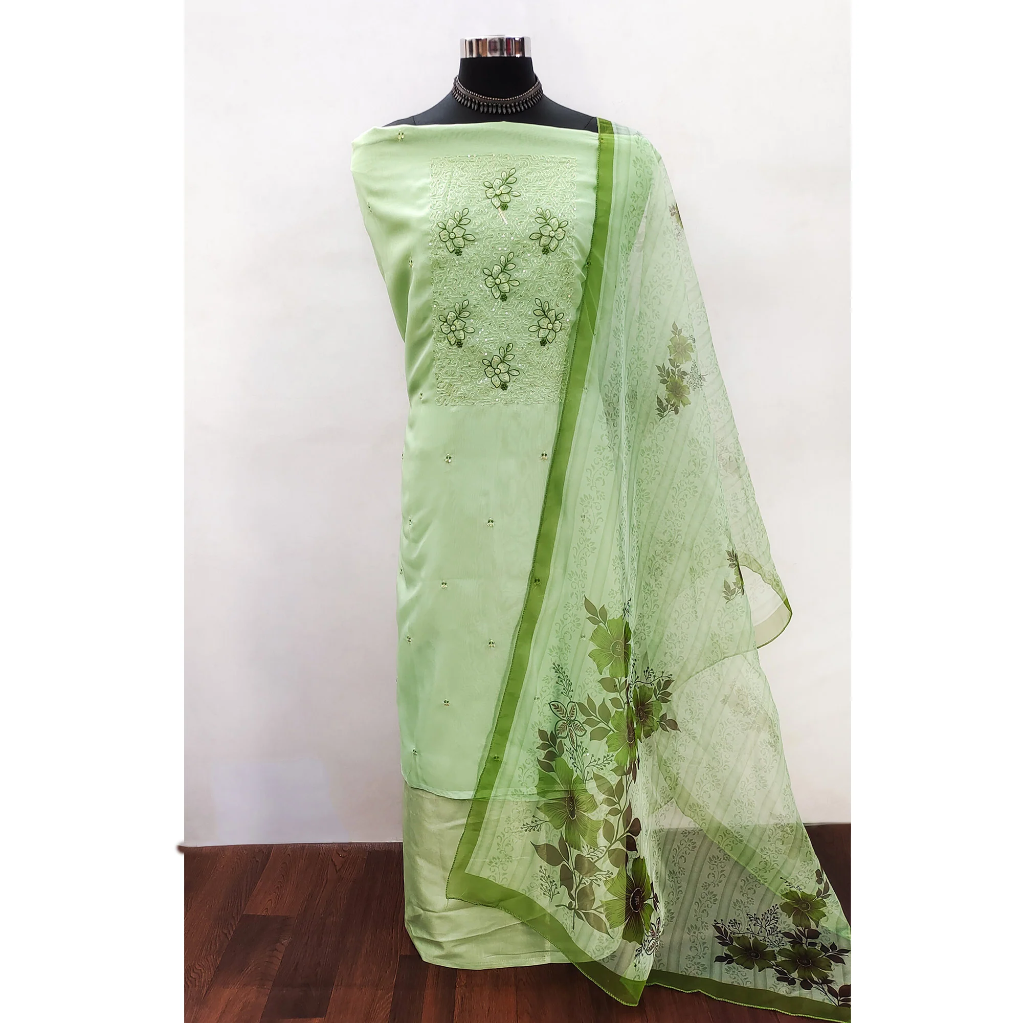 Pista Green Floral Embroidered Organza Dress Material - Image 3