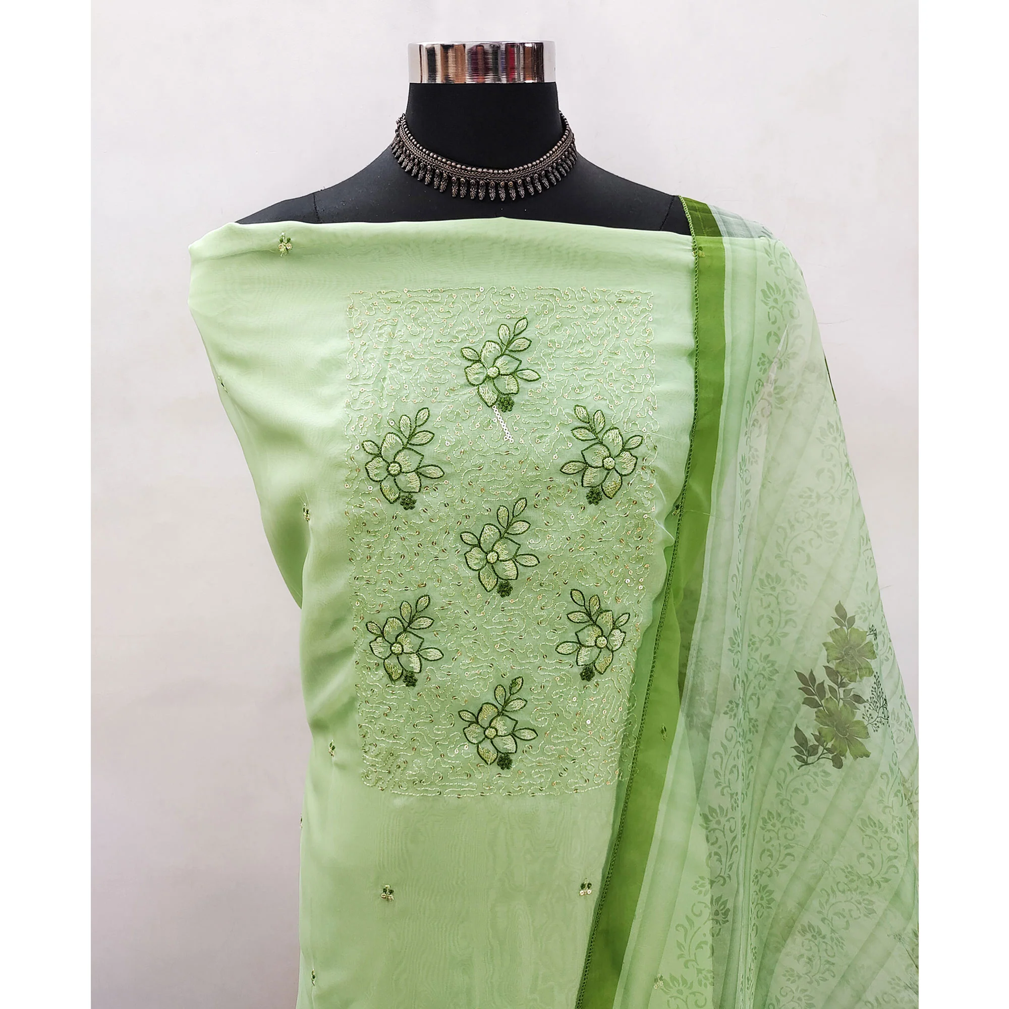 Pista Green Floral Embroidered Organza Dress Material - Image 4
