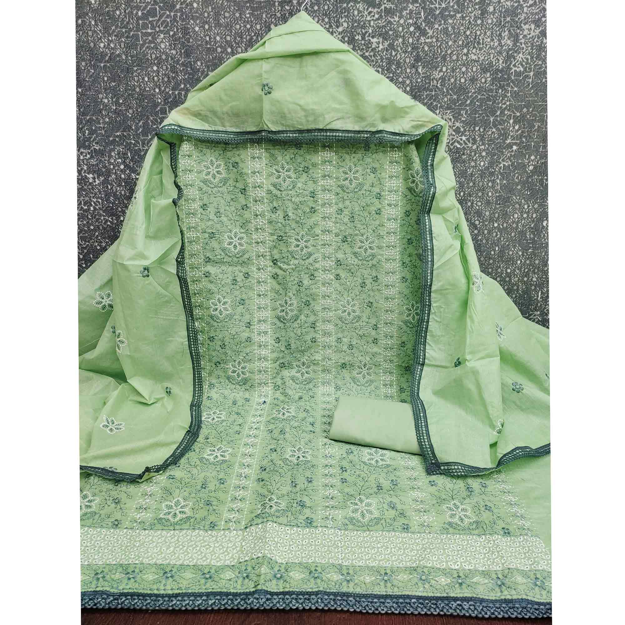 Pista Green Floral Embroidered Pure Cotton Dress Material - Image 3