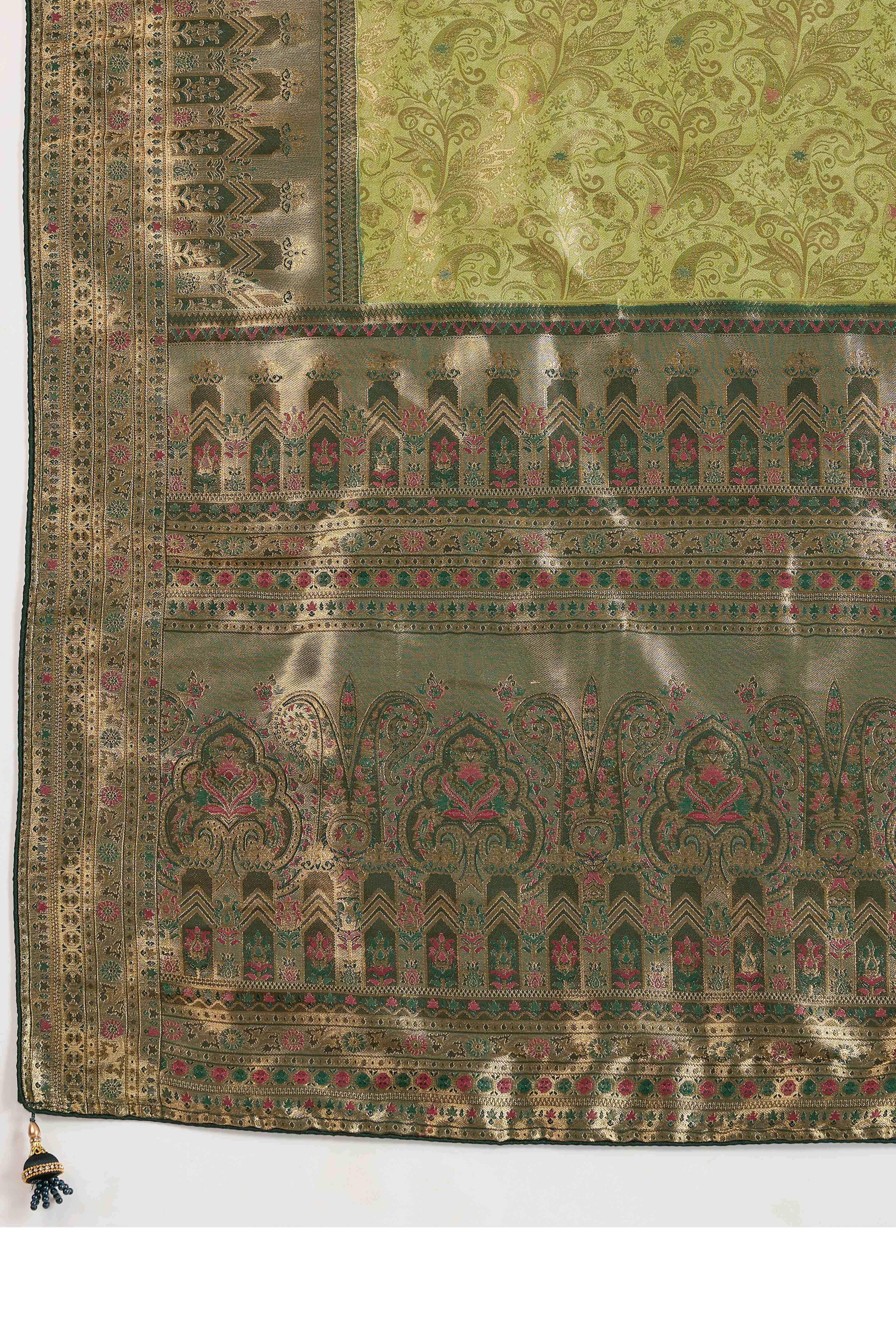 Pista Green Floral Meenakari Weaving Kanjivaram Silk Saree With Rich Piping & Tassel Pallu - Image 8