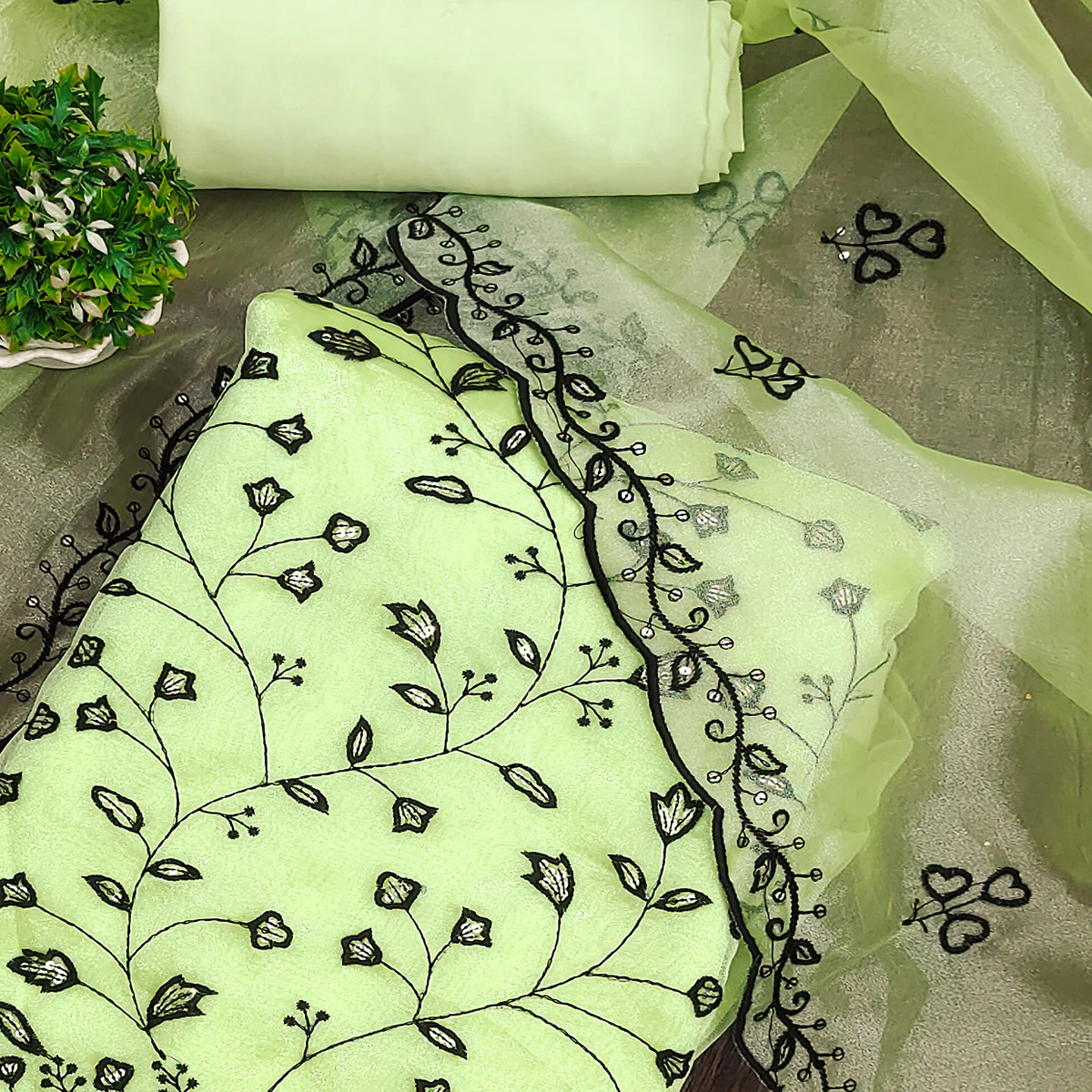 Pista Green Floral Sequins Embroidered Organza Dress Material - Image 2