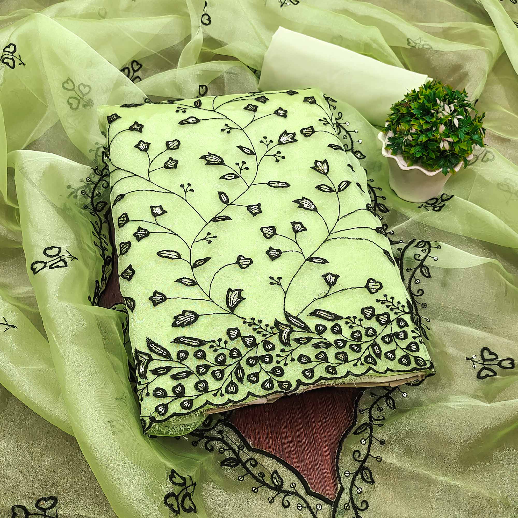 Pista Green Floral Sequins Embroidered Organza Dress Material - Image 3