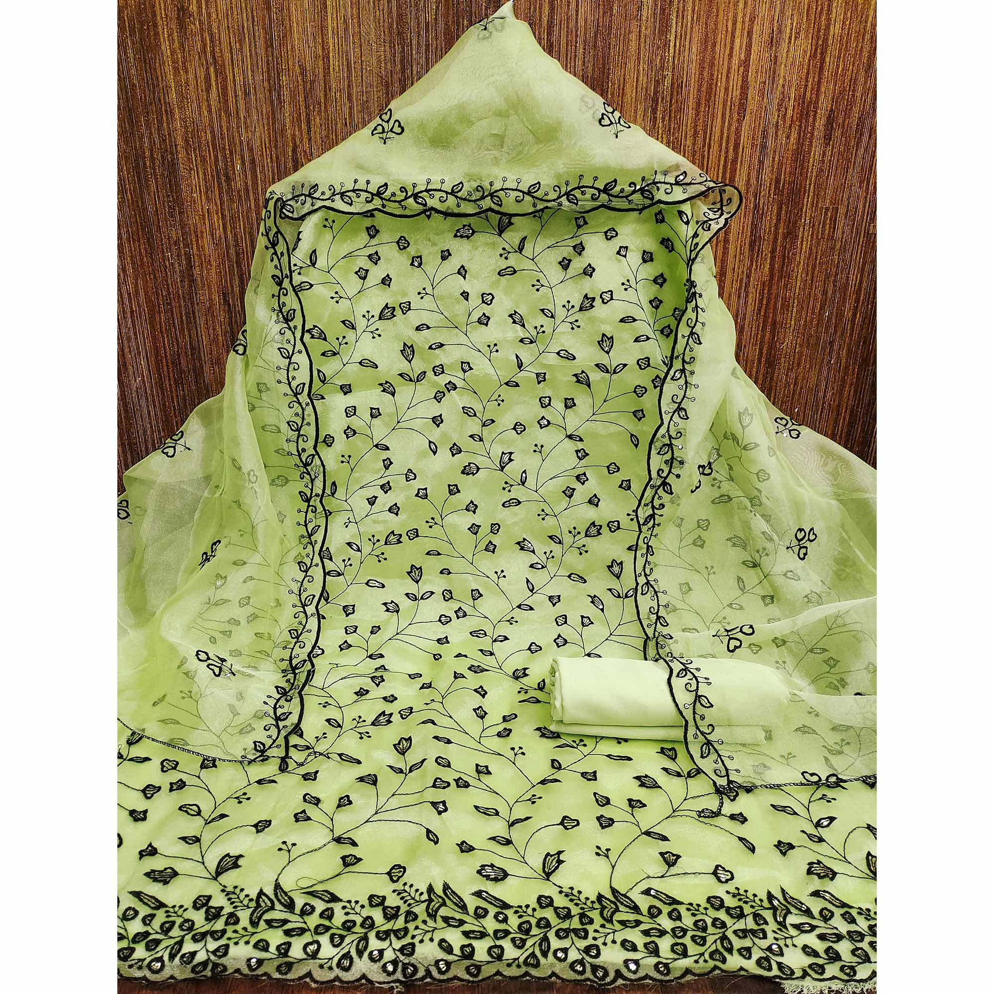 Pista Green Floral Sequins Embroidered Organza Dress Material - Image 4