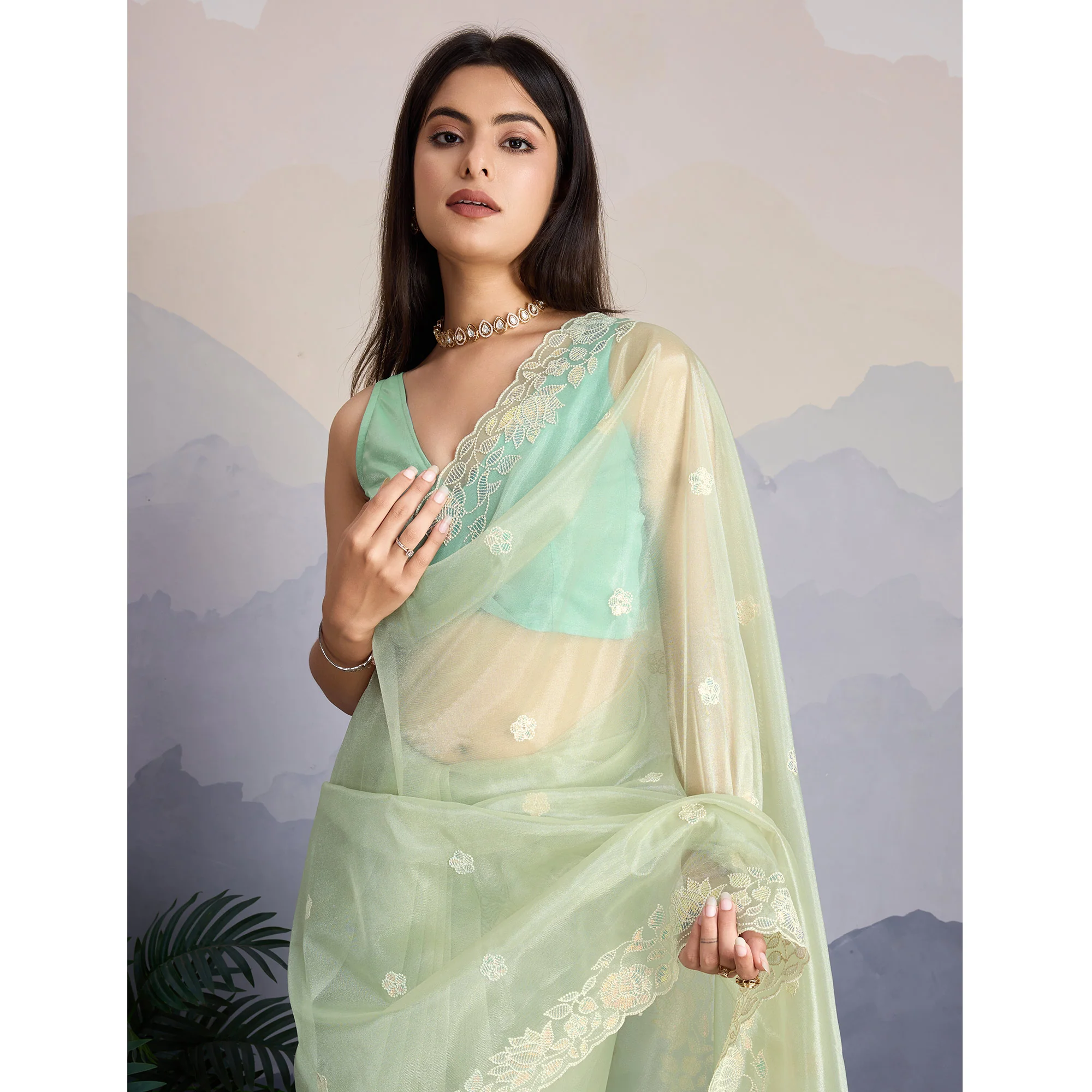 Pista Green Floral Sequins Embroidered Twill Net Saree - Image 6