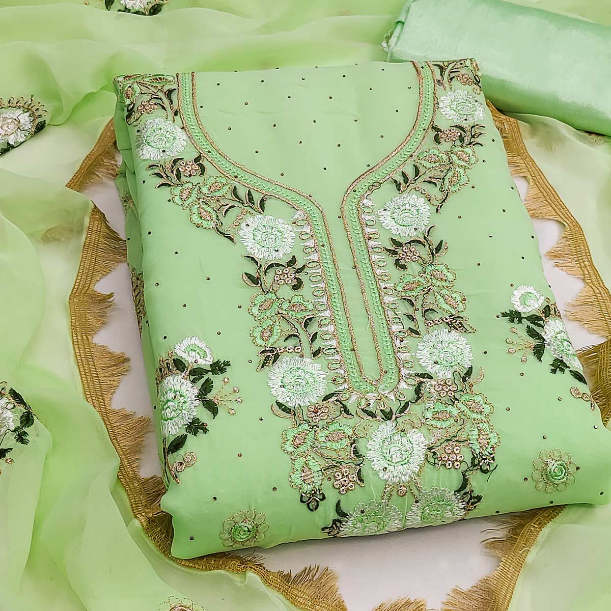 Pista Green Georgette Dress Material With Exquisite Floral Embroidery & Shimmering Stonework - Image 2