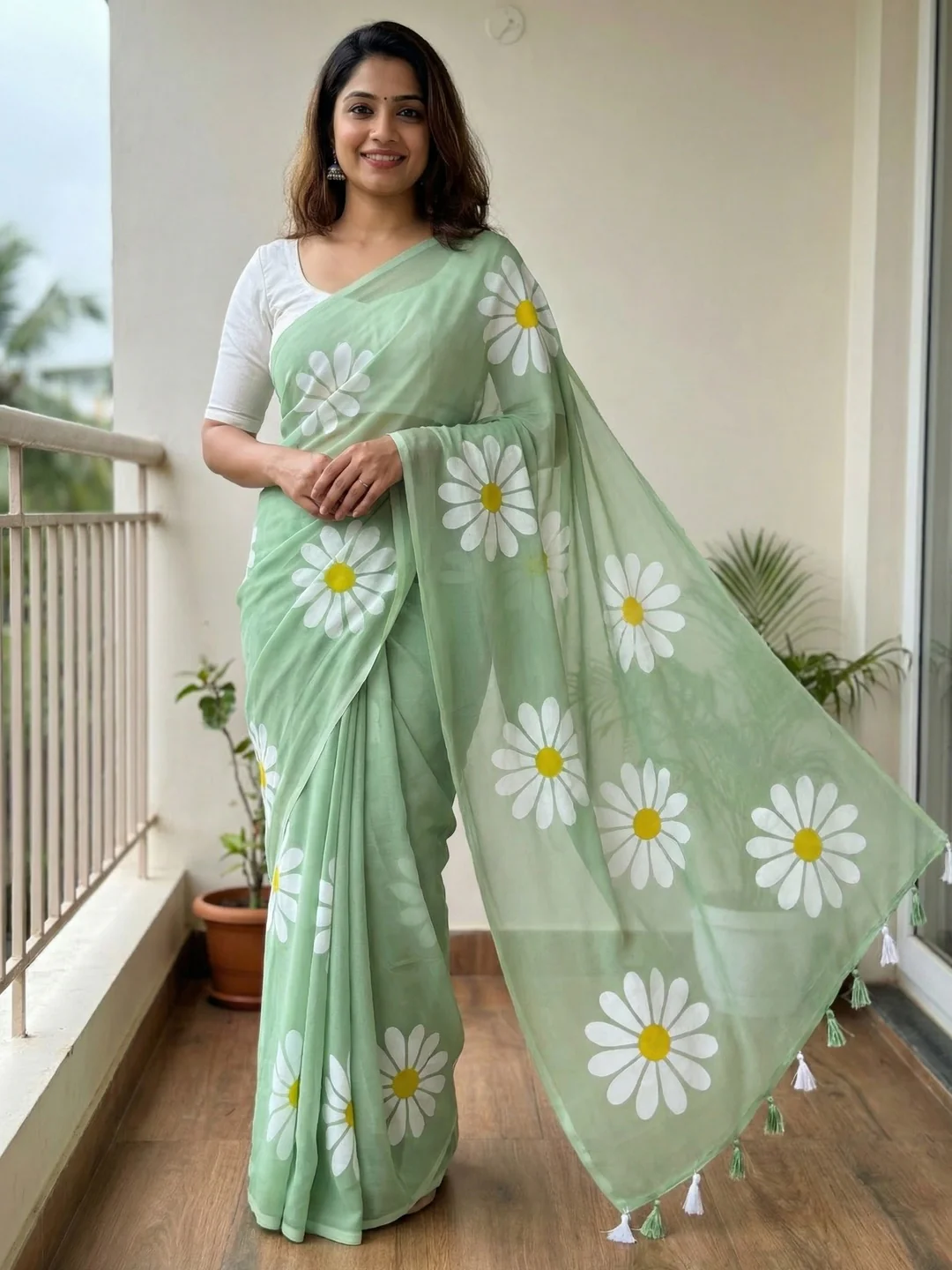 Pista Green Georgette Saree Featuring Delicate Floral Prints & Tassels Pallu