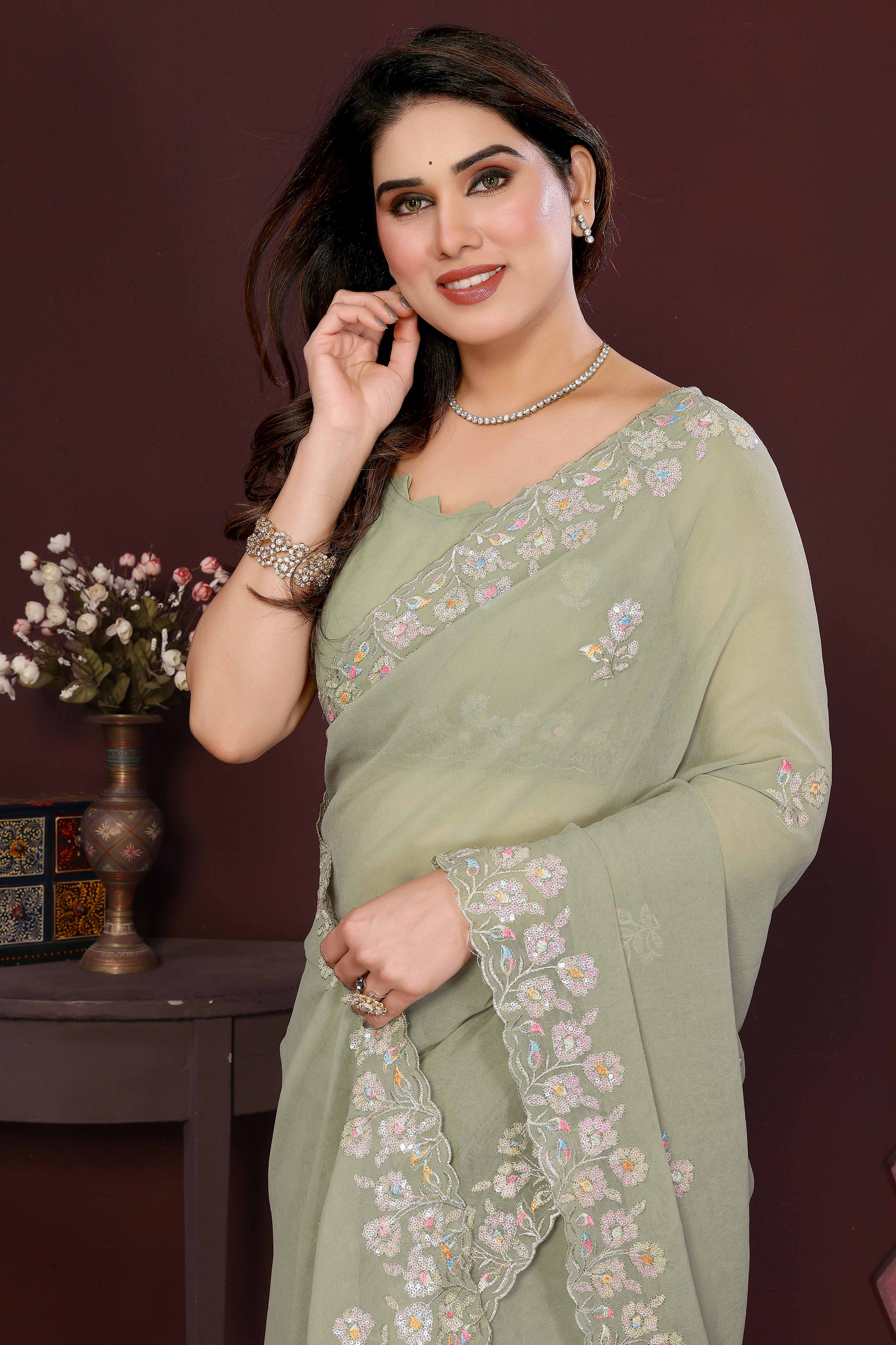Pista Green Georgette Saree Featuring Intricate Floral Sequin Embroidery - Image 6