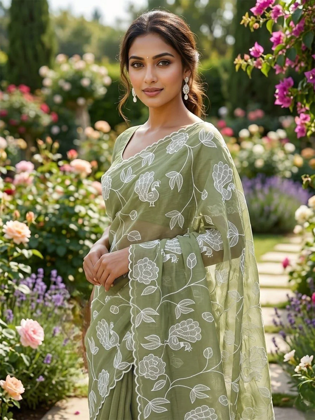 Pista Green Gold Crush Silk Blend Saree Adorned With Floral & Peacock Motif Thread Embroidery Work - Image 3