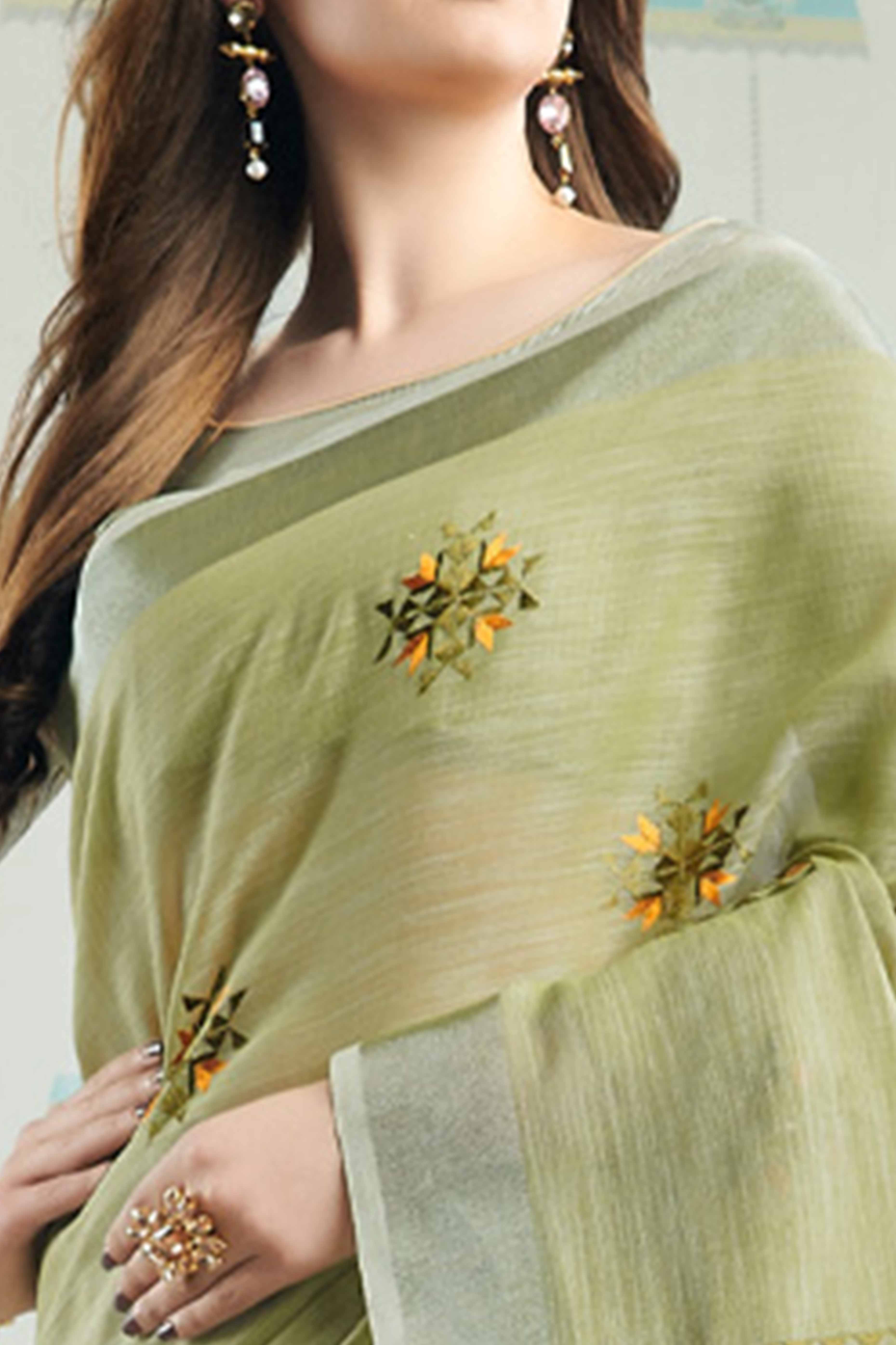 Pista Green Linen Saree with Intricate Floral Embroidery and Classic Weaving - Image 2