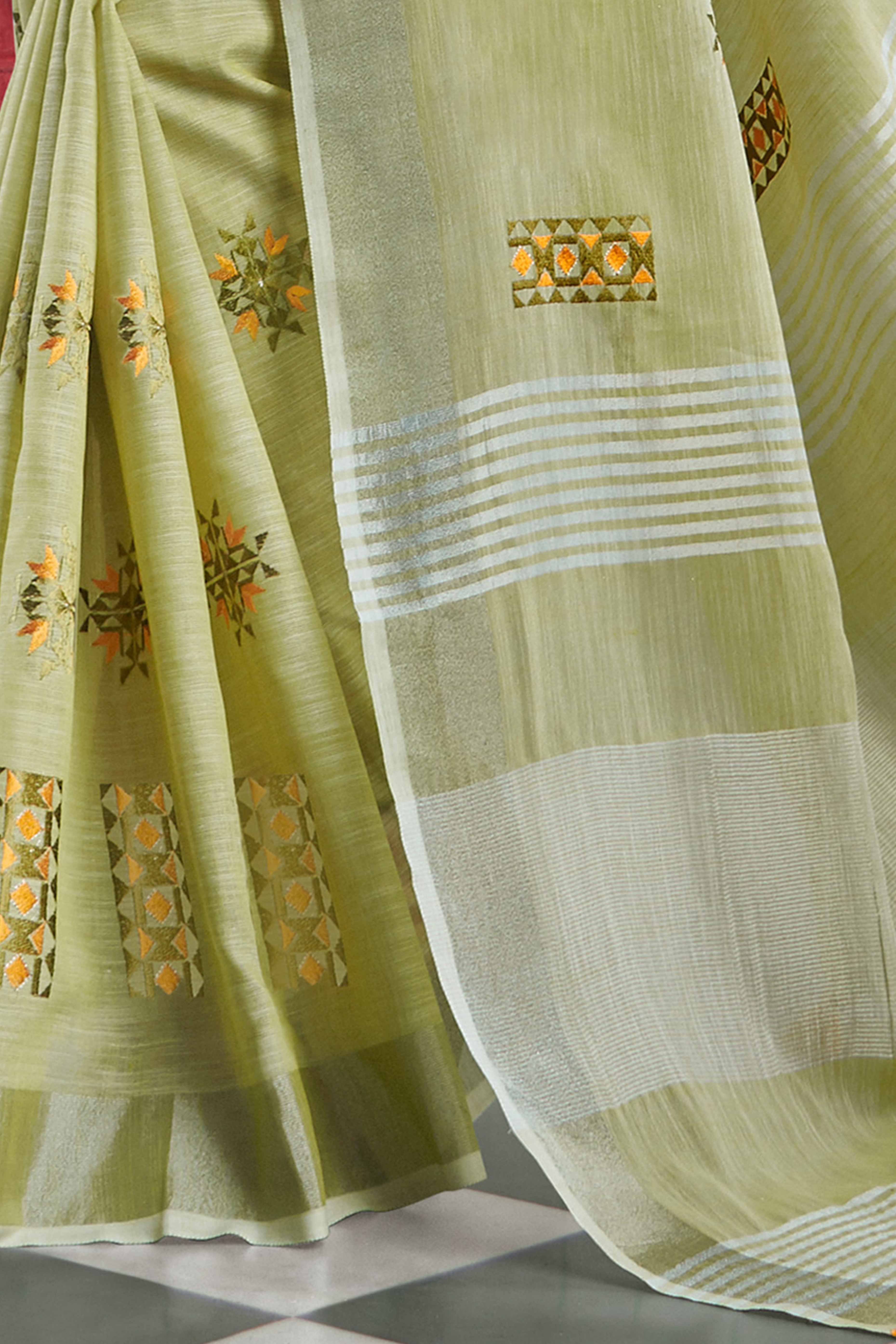 Pista Green Linen Saree with Intricate Floral Embroidery and Classic Weaving - Image 5