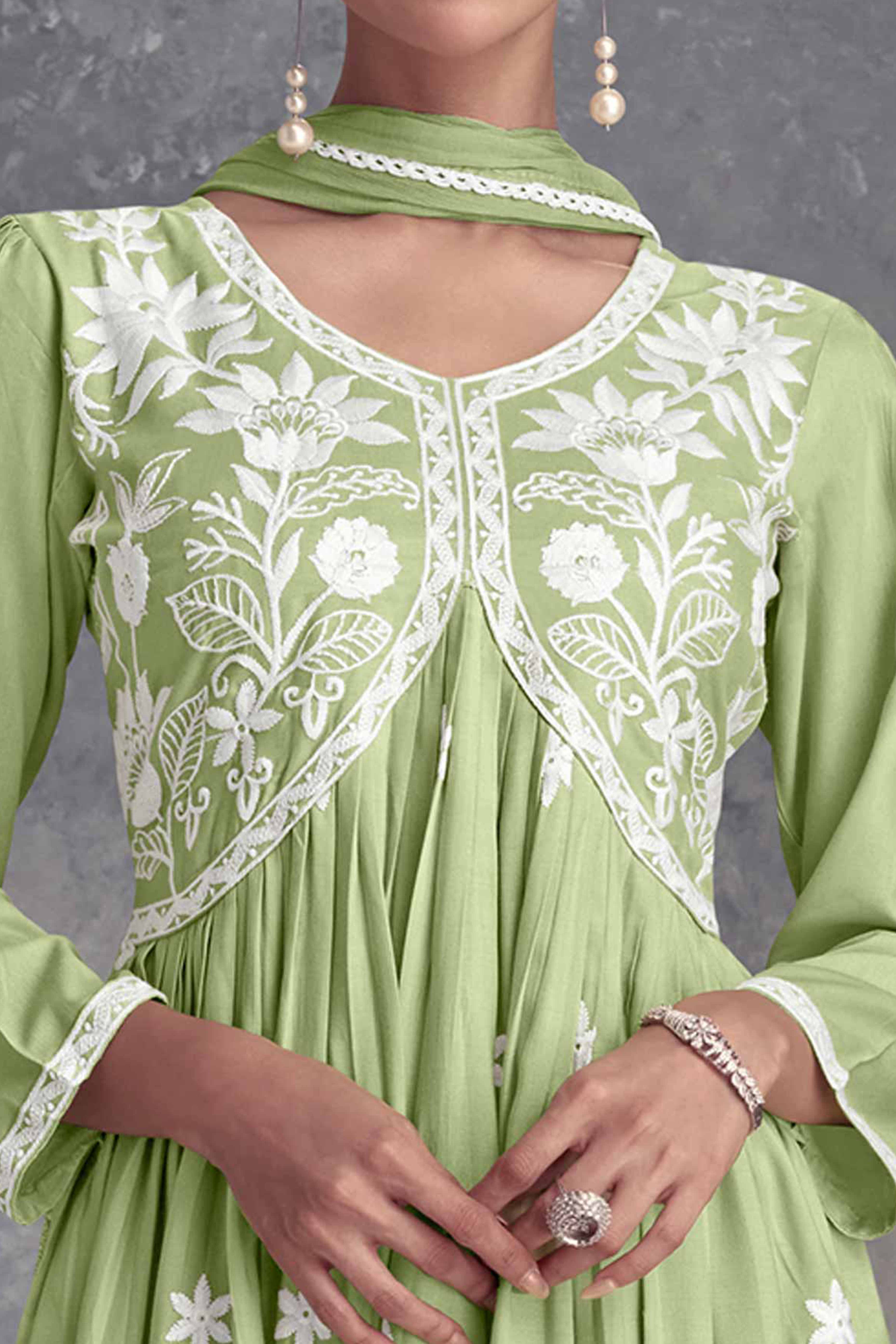 Pista Green Rayon Salwar Suit Featuring Beautiful Floral Embroidery - Image 2