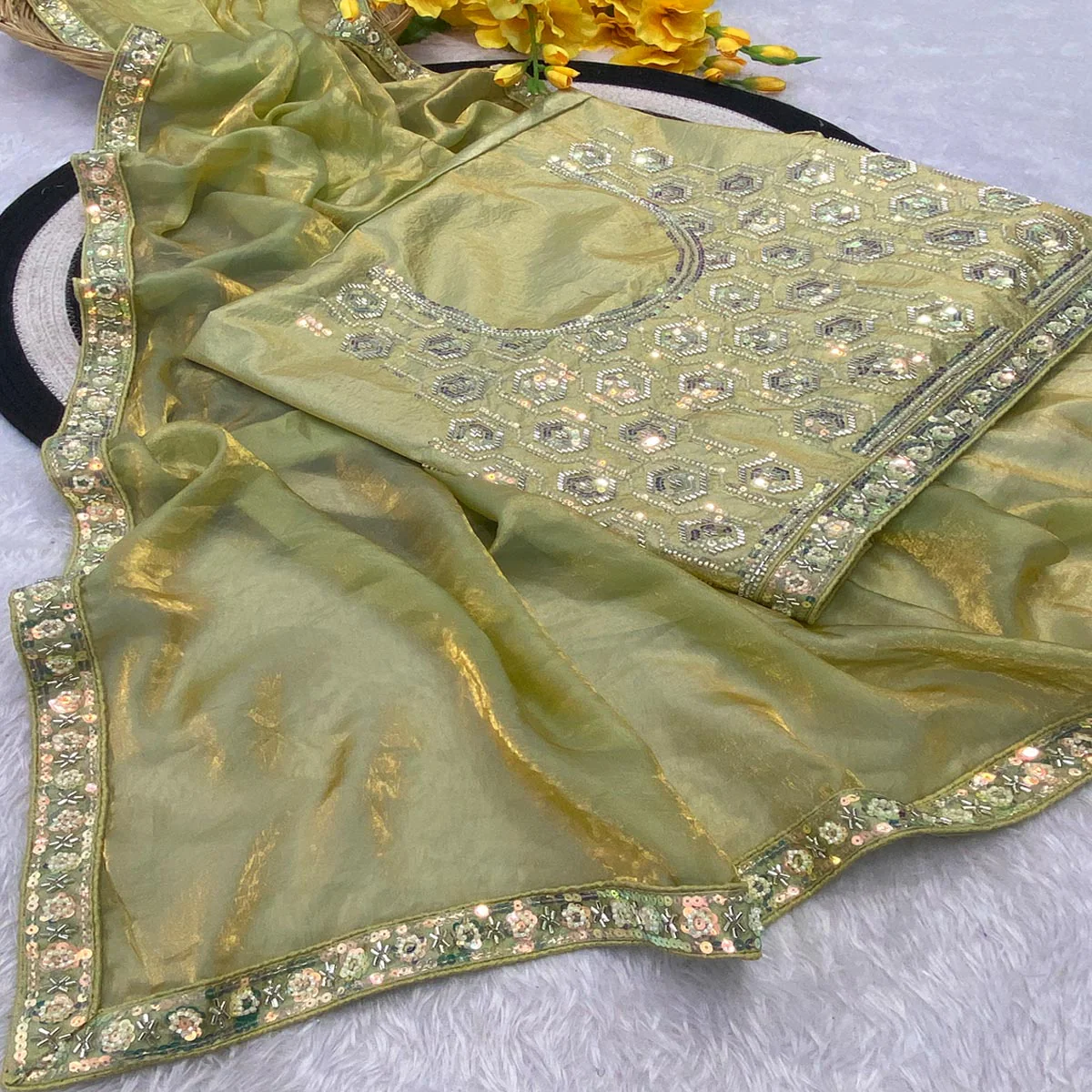 Pista Green Satin Saree Featuring Detailed Beads & Sequins Embroidery For A Radiant Look - Image 2