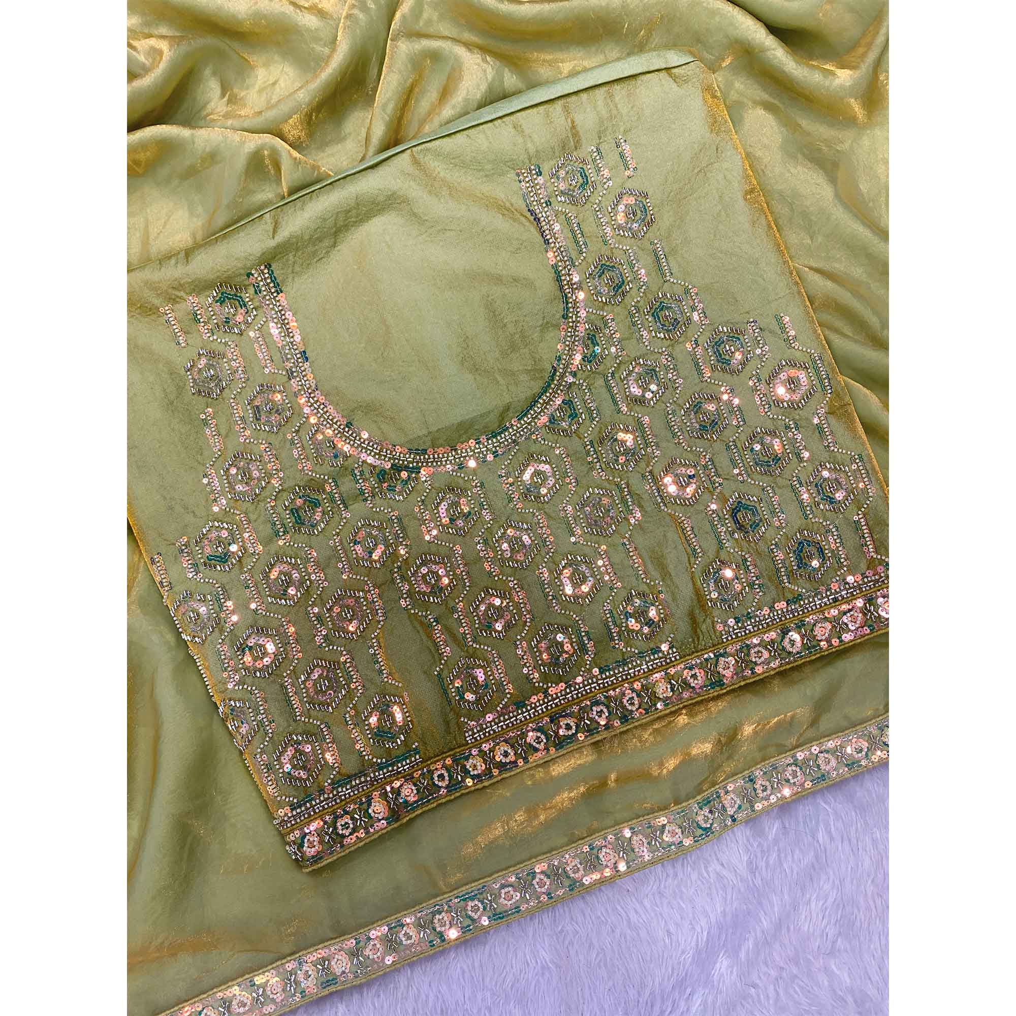Pista Green Satin Saree Featuring Detailed Beads & Sequins Embroidery For A Radiant Look - Image 3