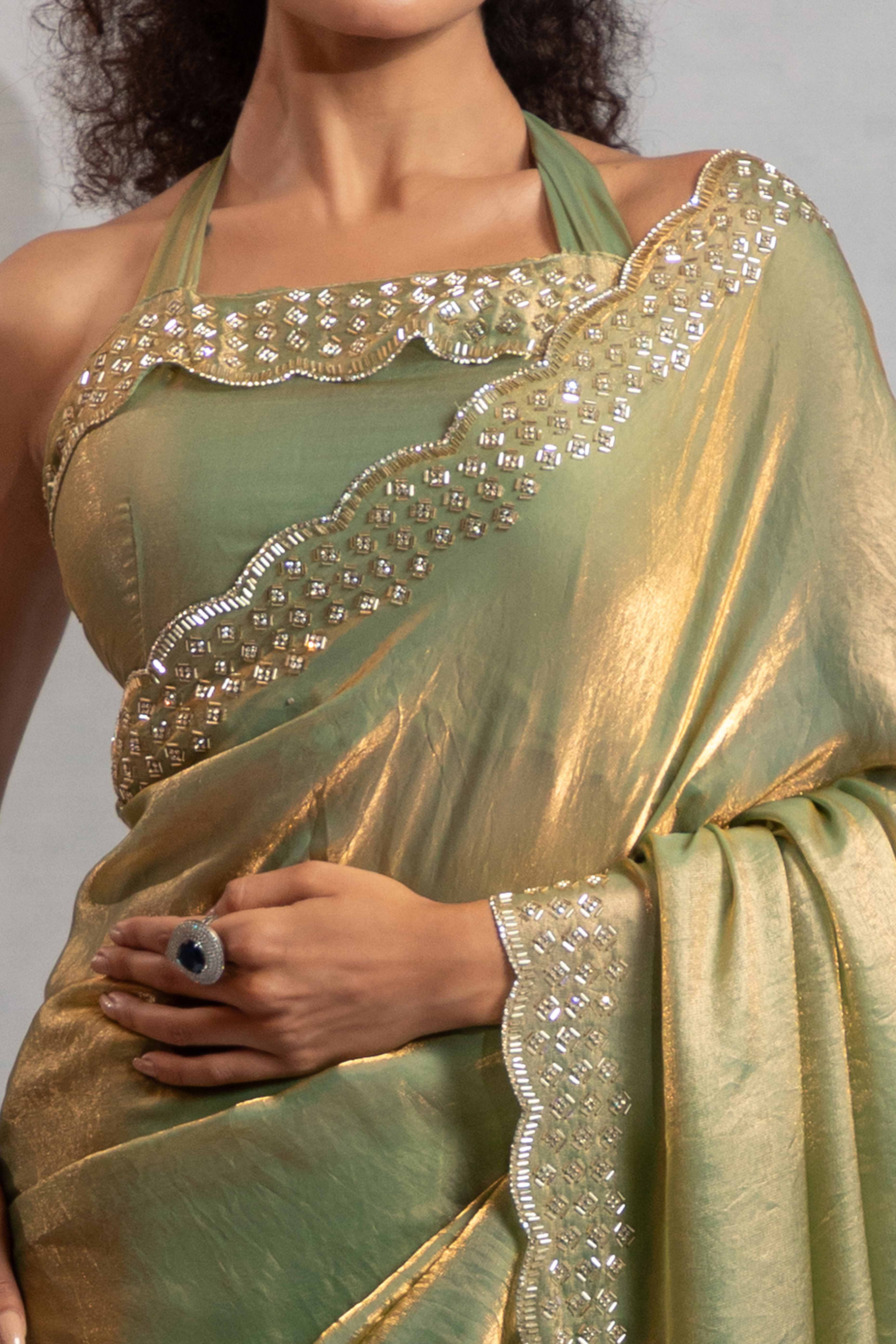 Pista Green Satin Saree with Glamorous Stone Embellishment - Image 2