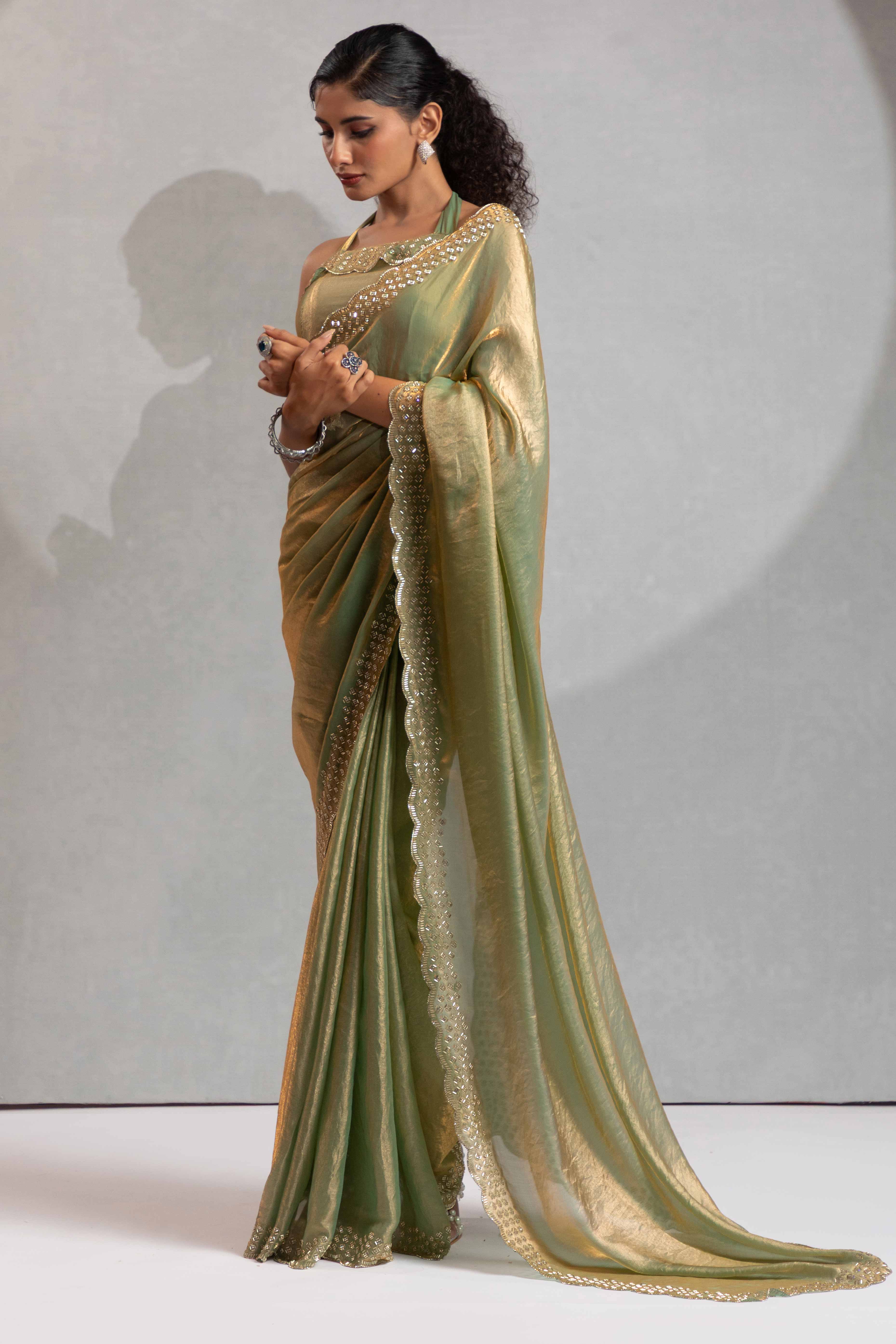 Pista Green Satin Saree with Glamorous Stone Embellishment - Image 3