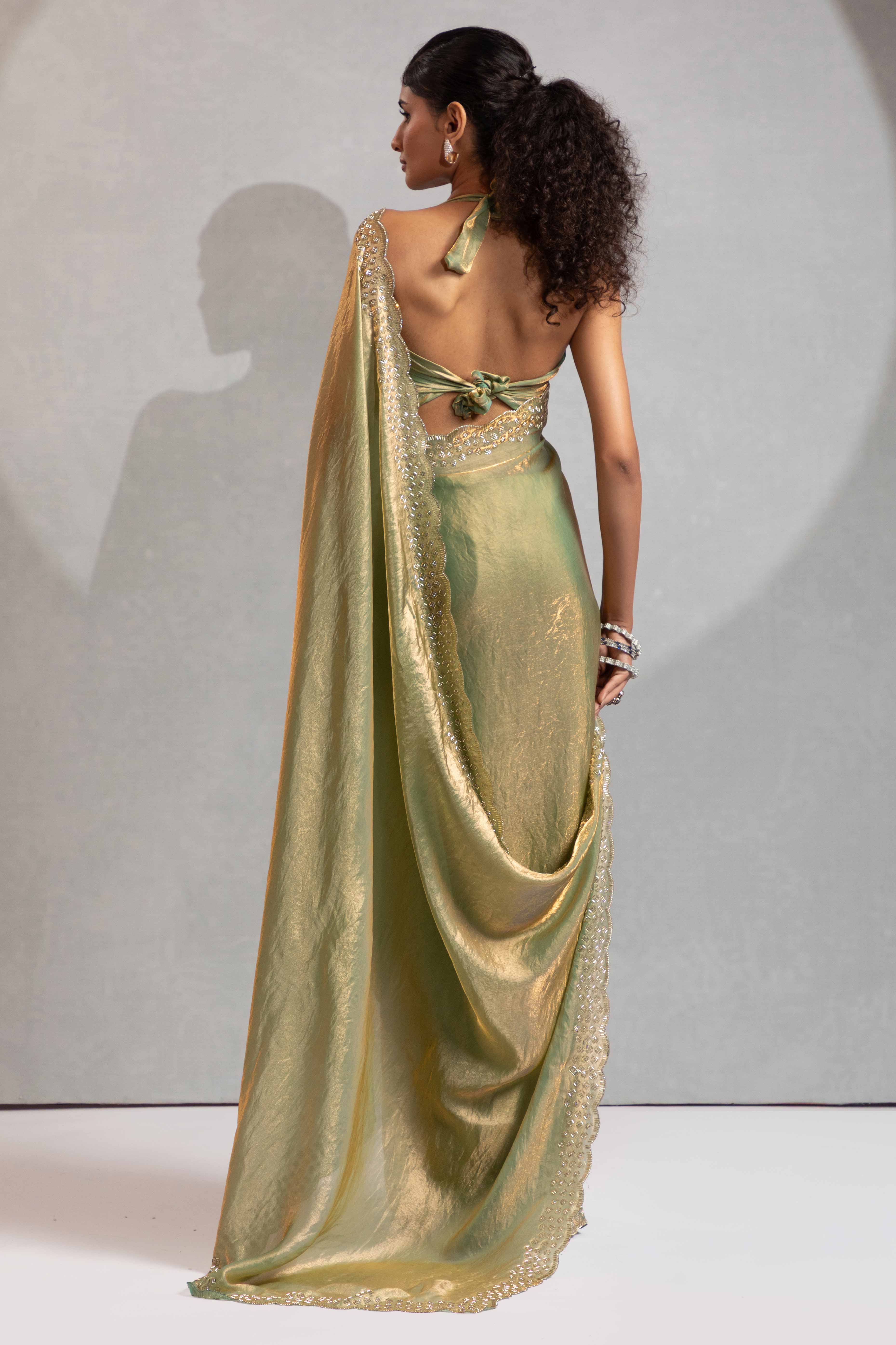 Pista Green Satin Saree with Glamorous Stone Embellishment - Image 4