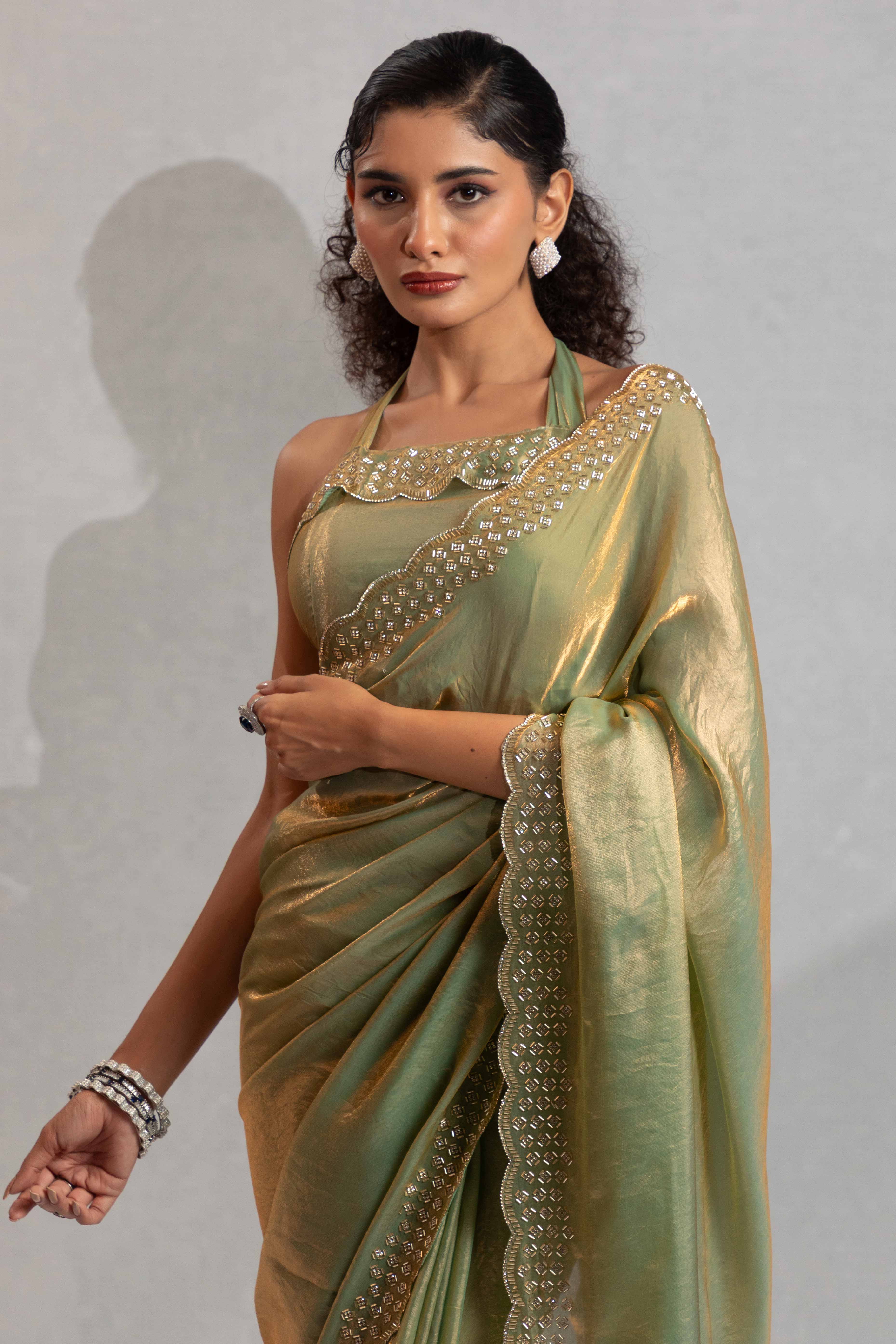 Pista Green Satin Saree with Glamorous Stone Embellishment - Image 5