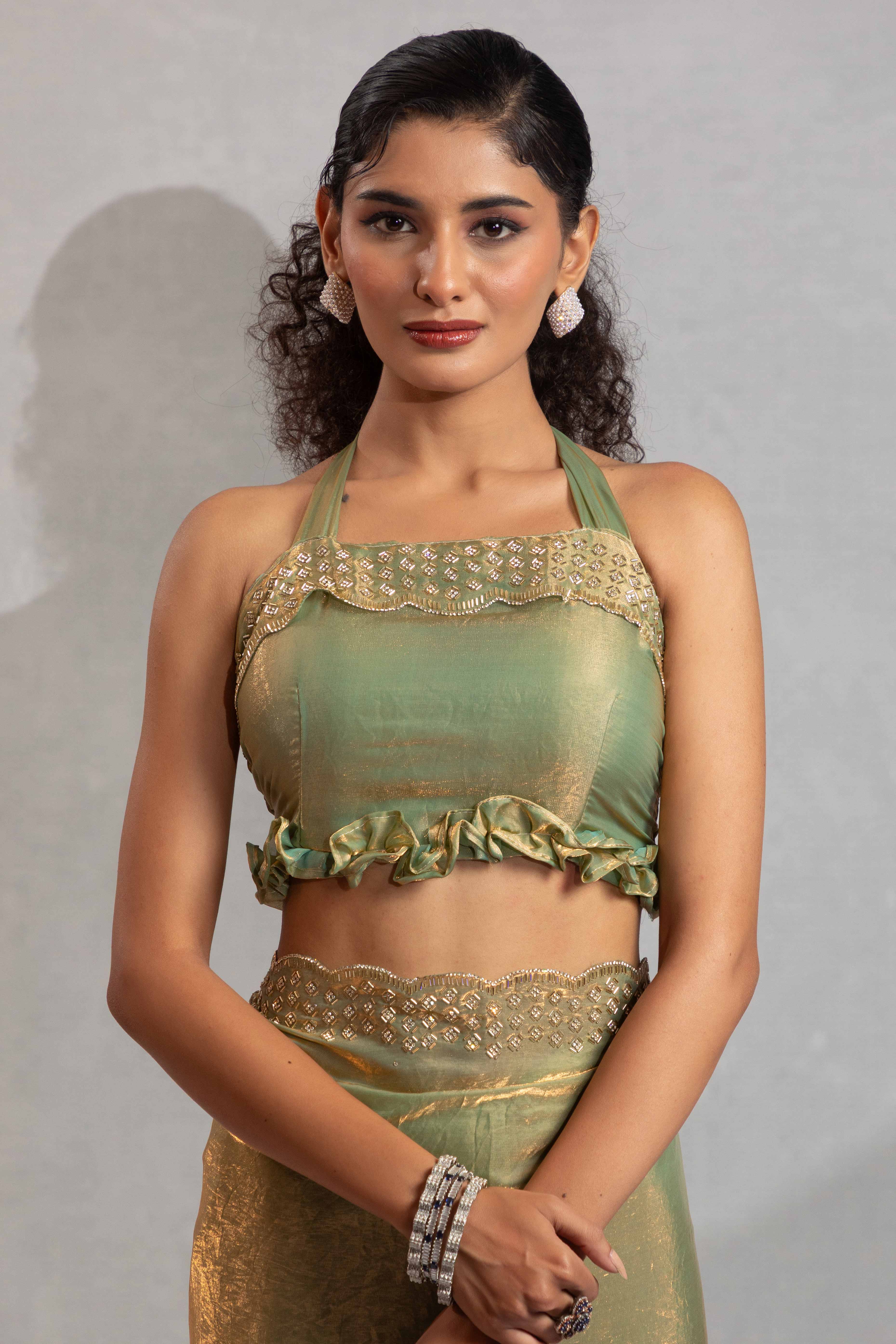 Pista Green Satin Saree with Glamorous Stone Embellishment - Image 6