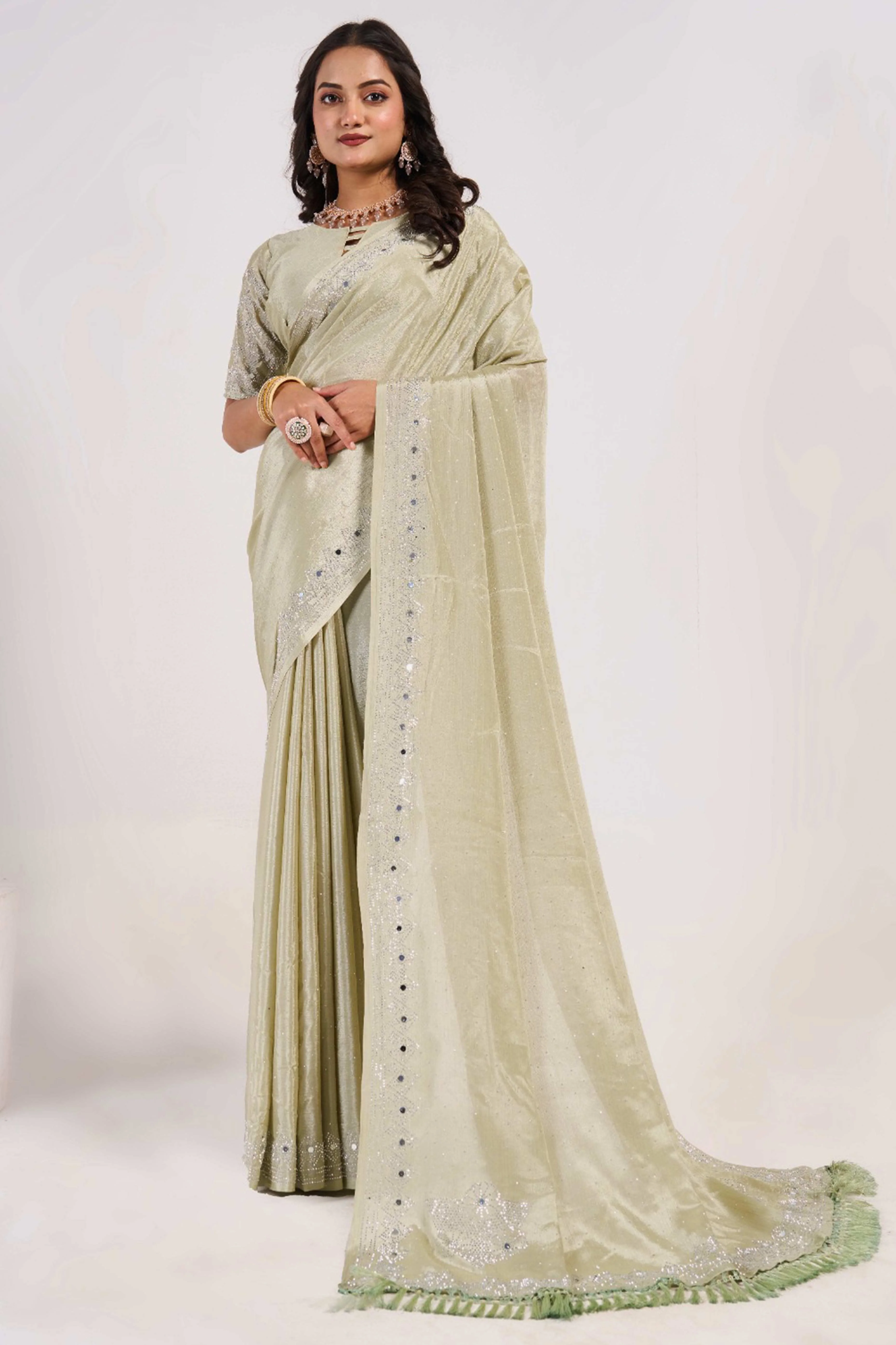 Pista Green Swarovski With Mirror Work Chinon Saree - Image 3