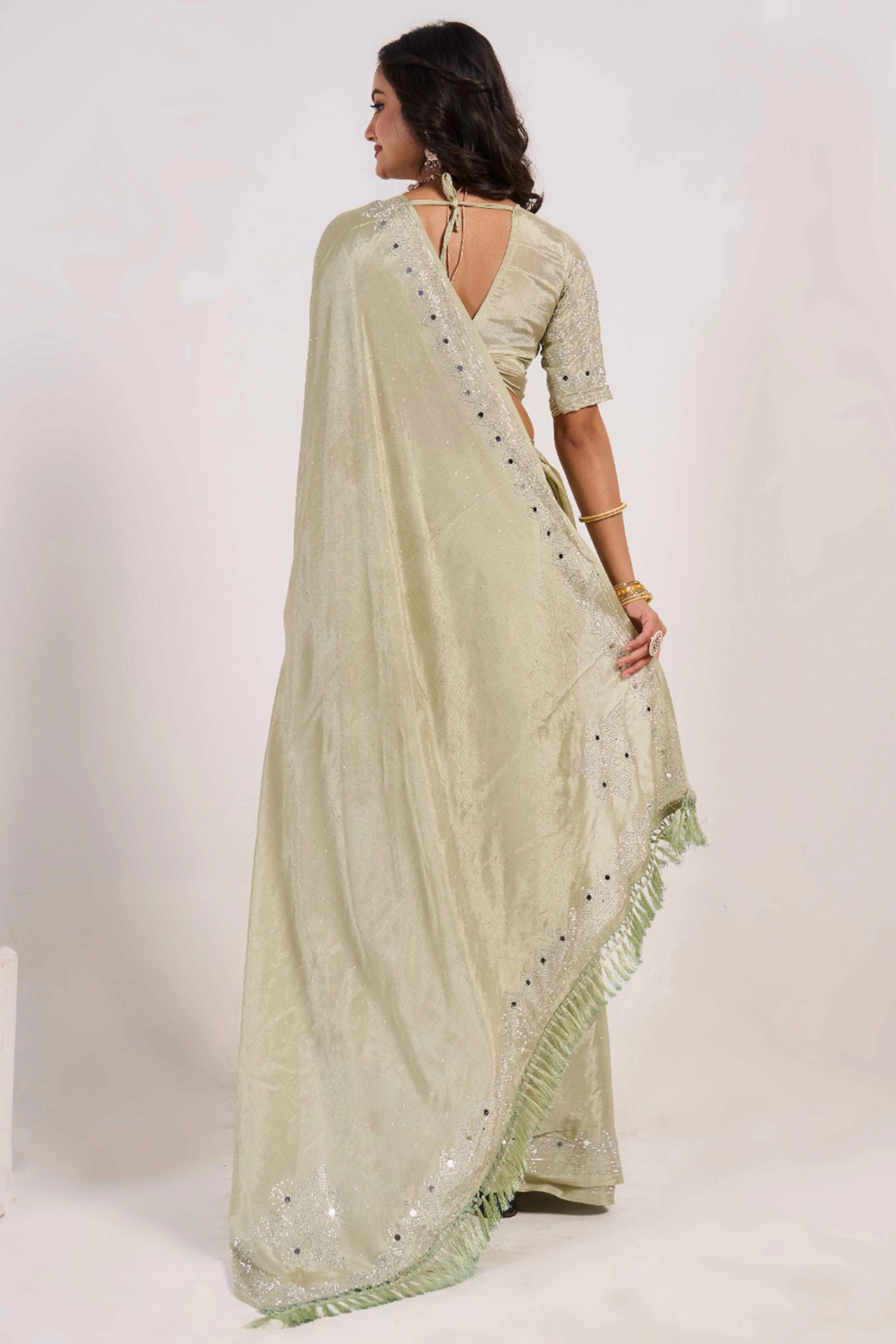 Pista Green Swarovski With Mirror Work Chinon Saree - Image 5