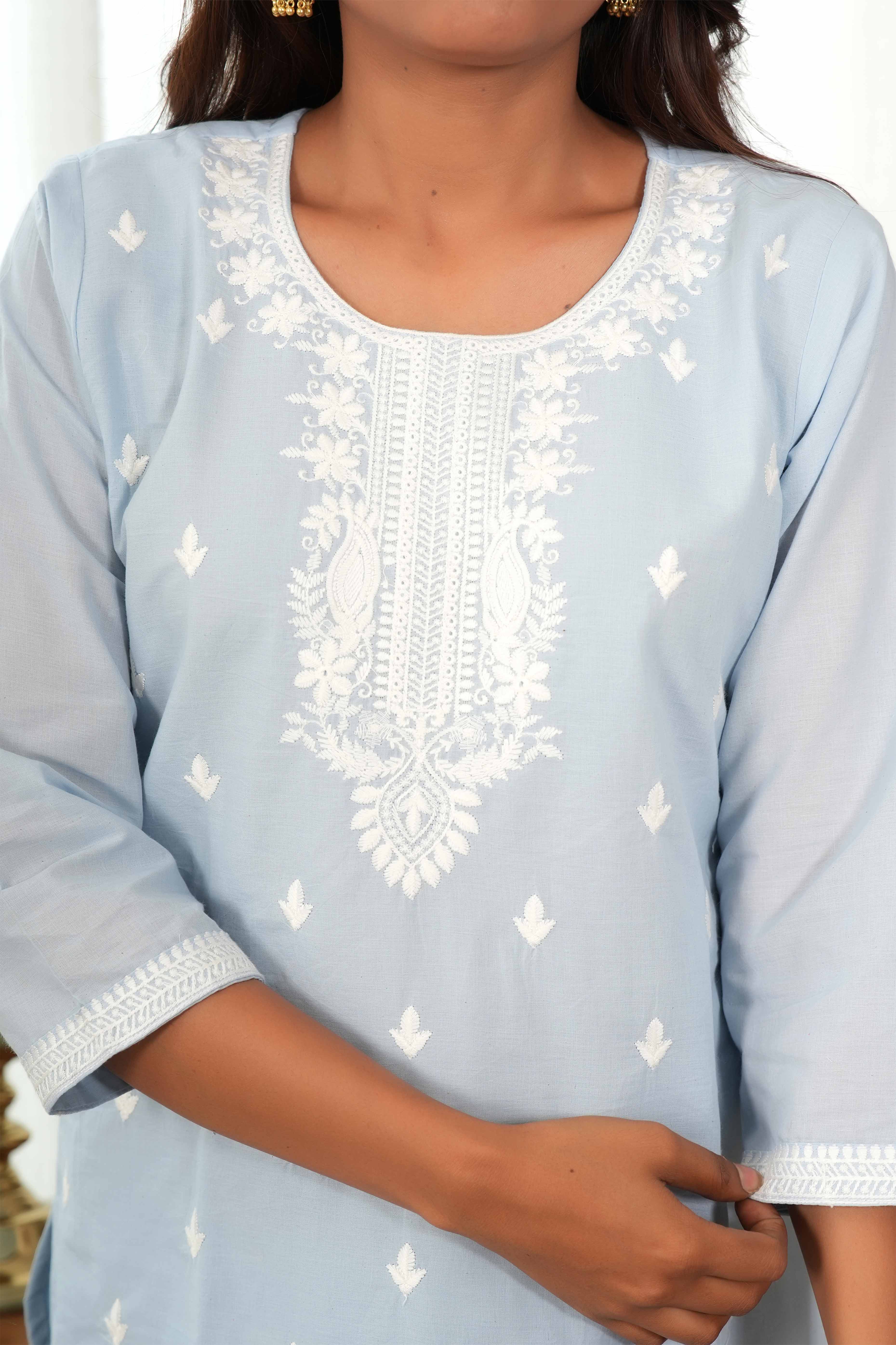 Powder Blue Cotton Suit Set Featuring Exquisite Motif Stitch Work - Image 2