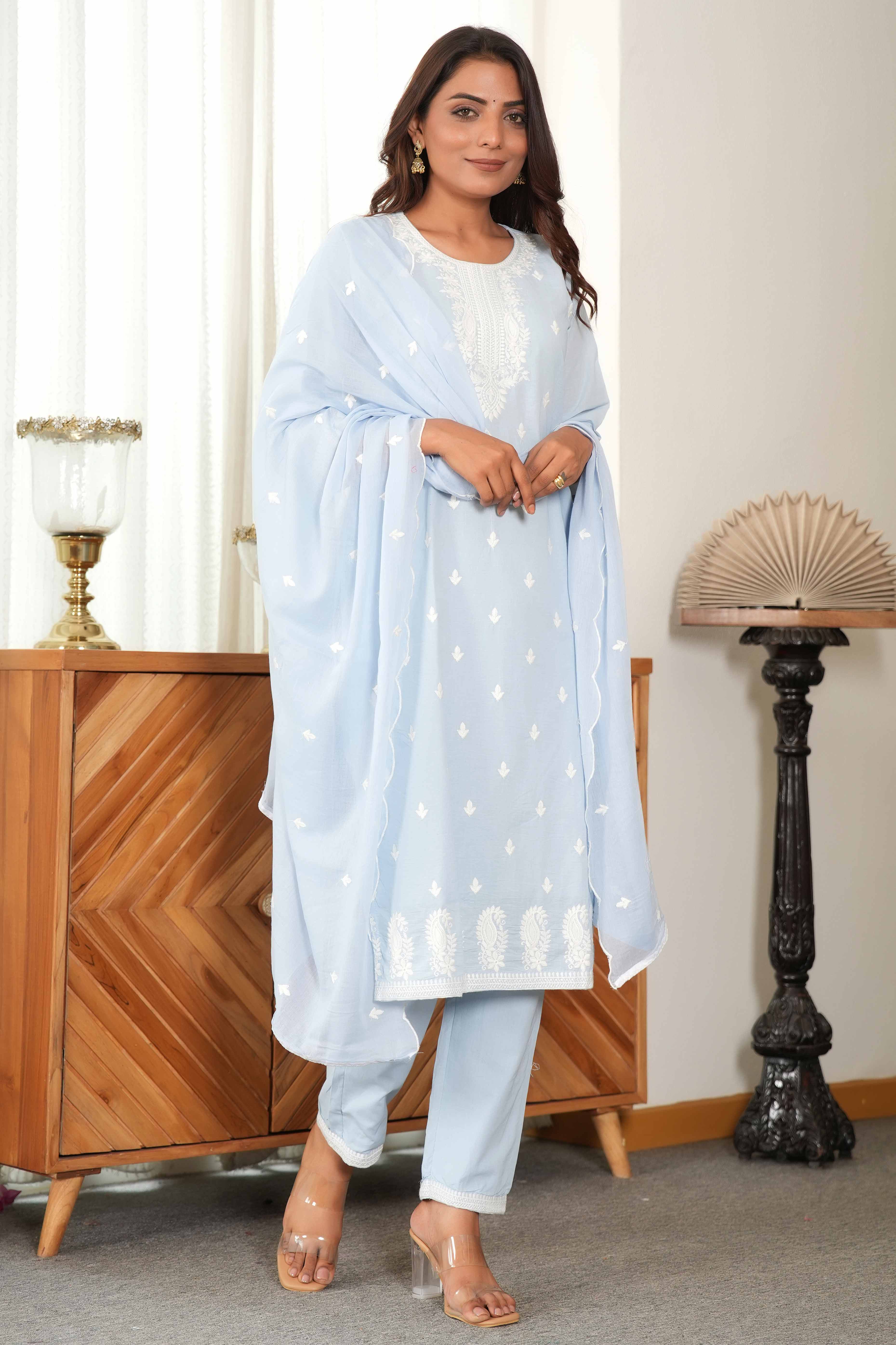 Powder Blue Cotton Suit Set Featuring Exquisite Motif Stitch Work - Image 3