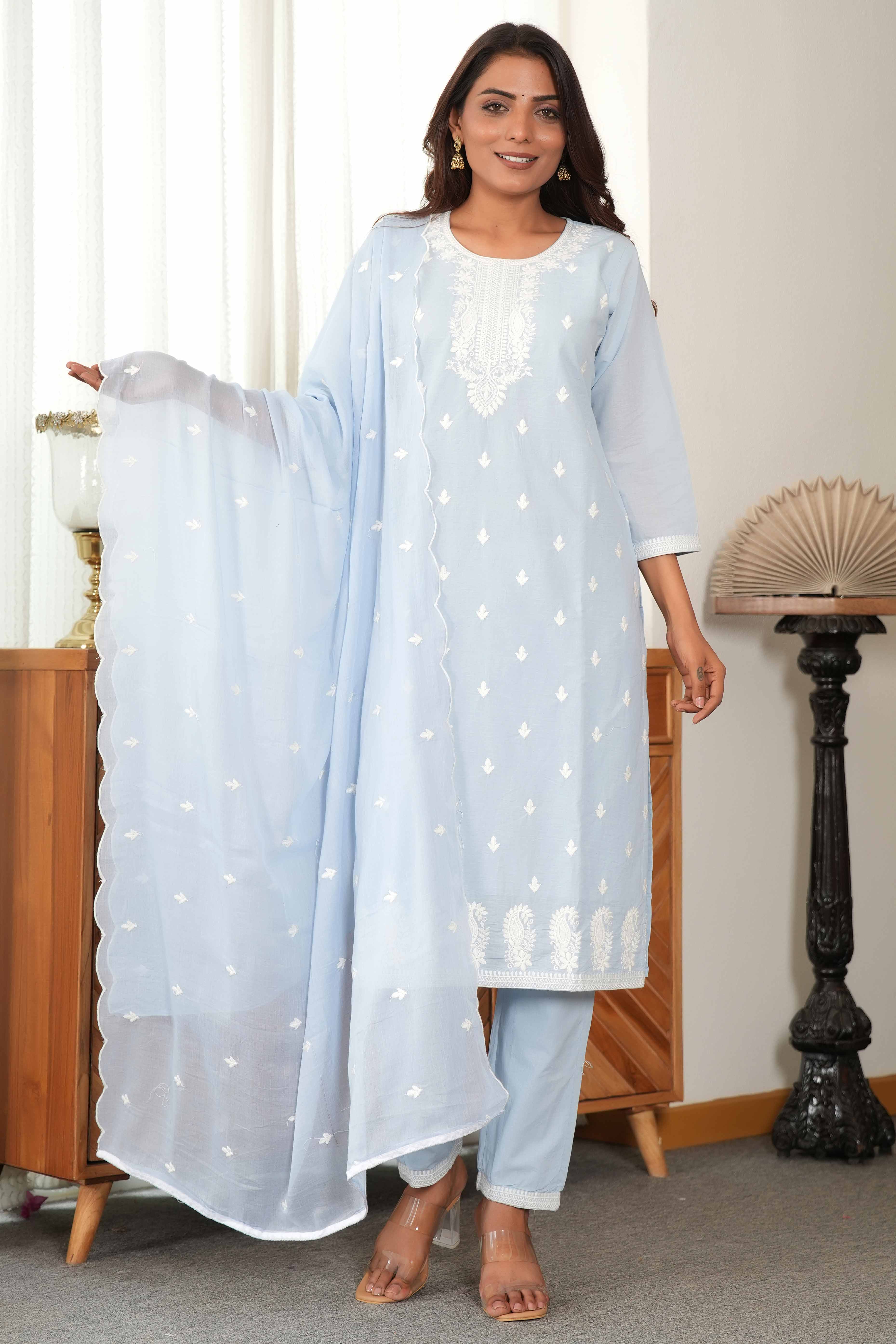 Powder Blue Cotton Suit Set Featuring Exquisite Motif Stitch Work - Image 5