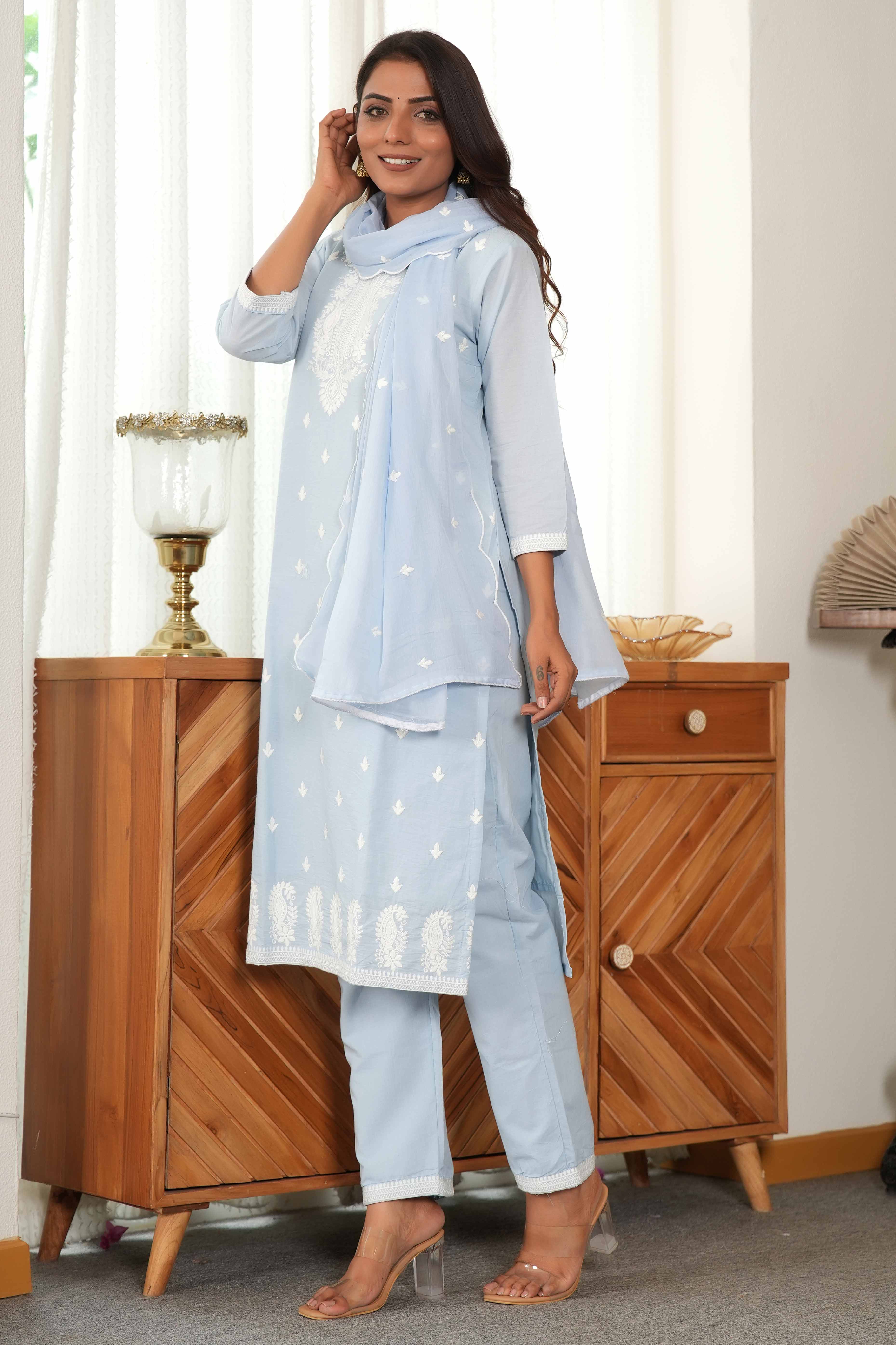 Powder Blue Cotton Suit Set Featuring Exquisite Motif Stitch Work - Image 6