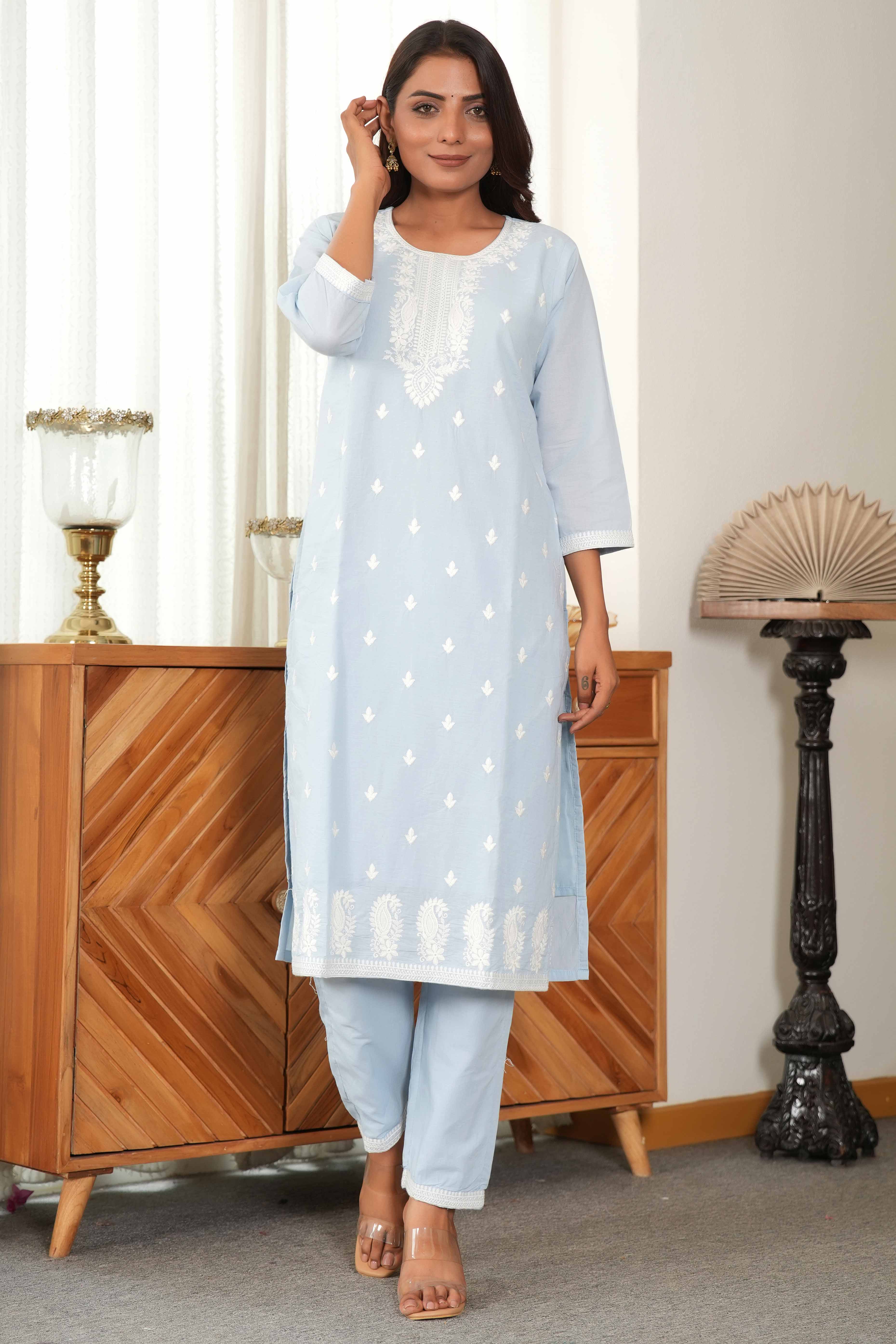 Powder Blue Cotton Suit Set Featuring Exquisite Motif Stitch Work - Image 7