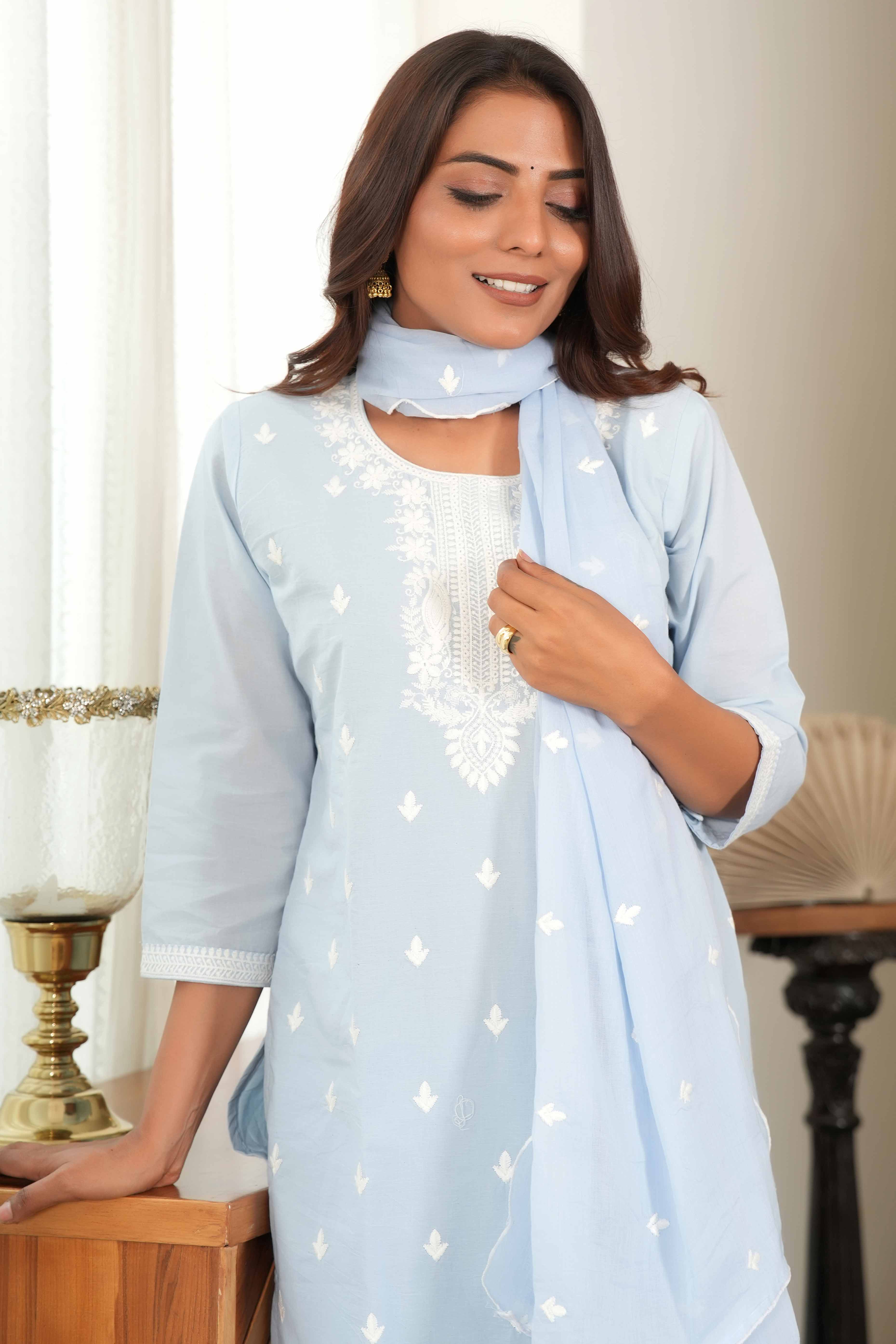 Powder Blue Cotton Suit Set Featuring Exquisite Motif Stitch Work - Image 8