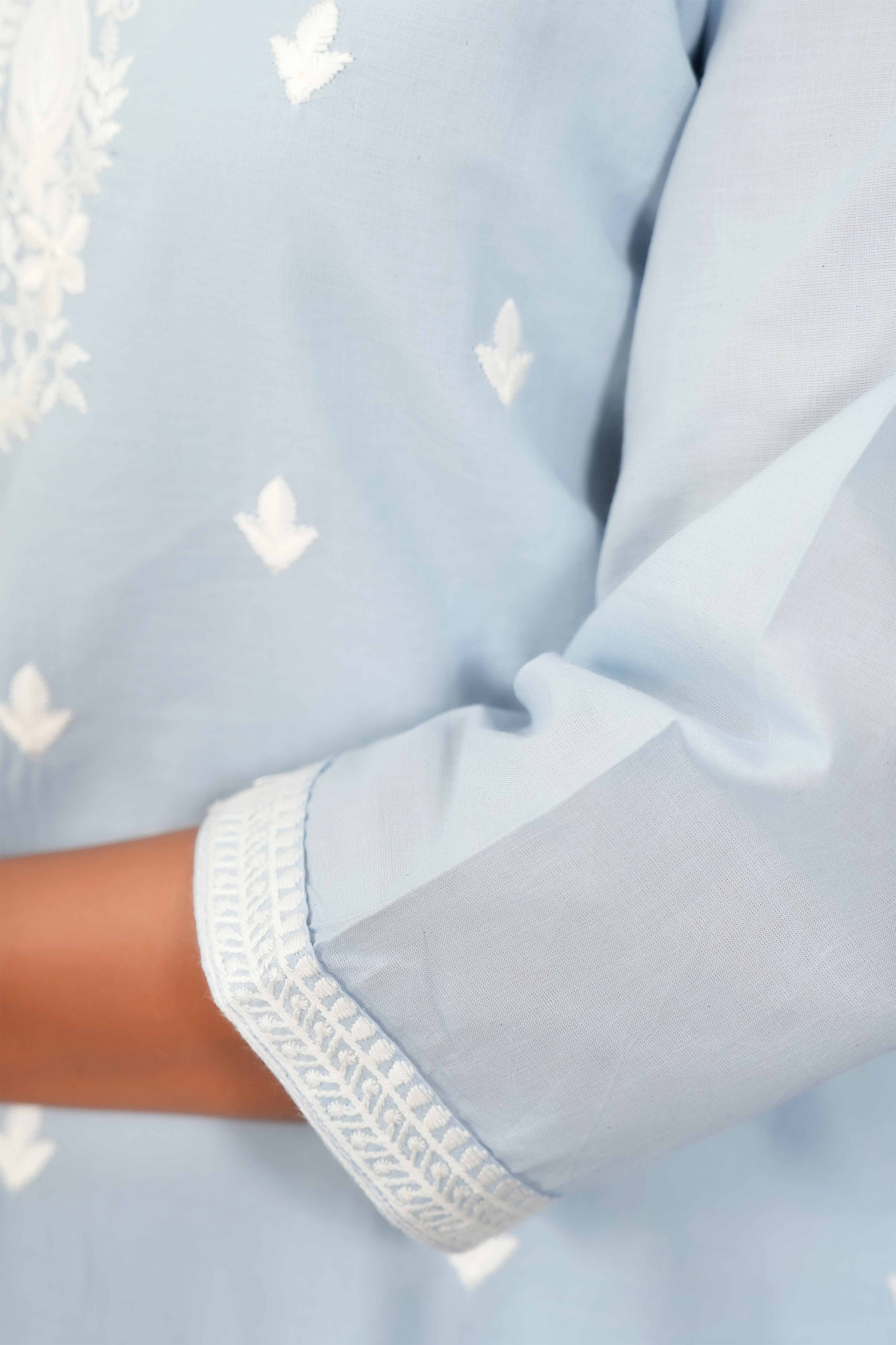 Powder Blue Cotton Suit Set Featuring Exquisite Motif Stitch Work - Image 9