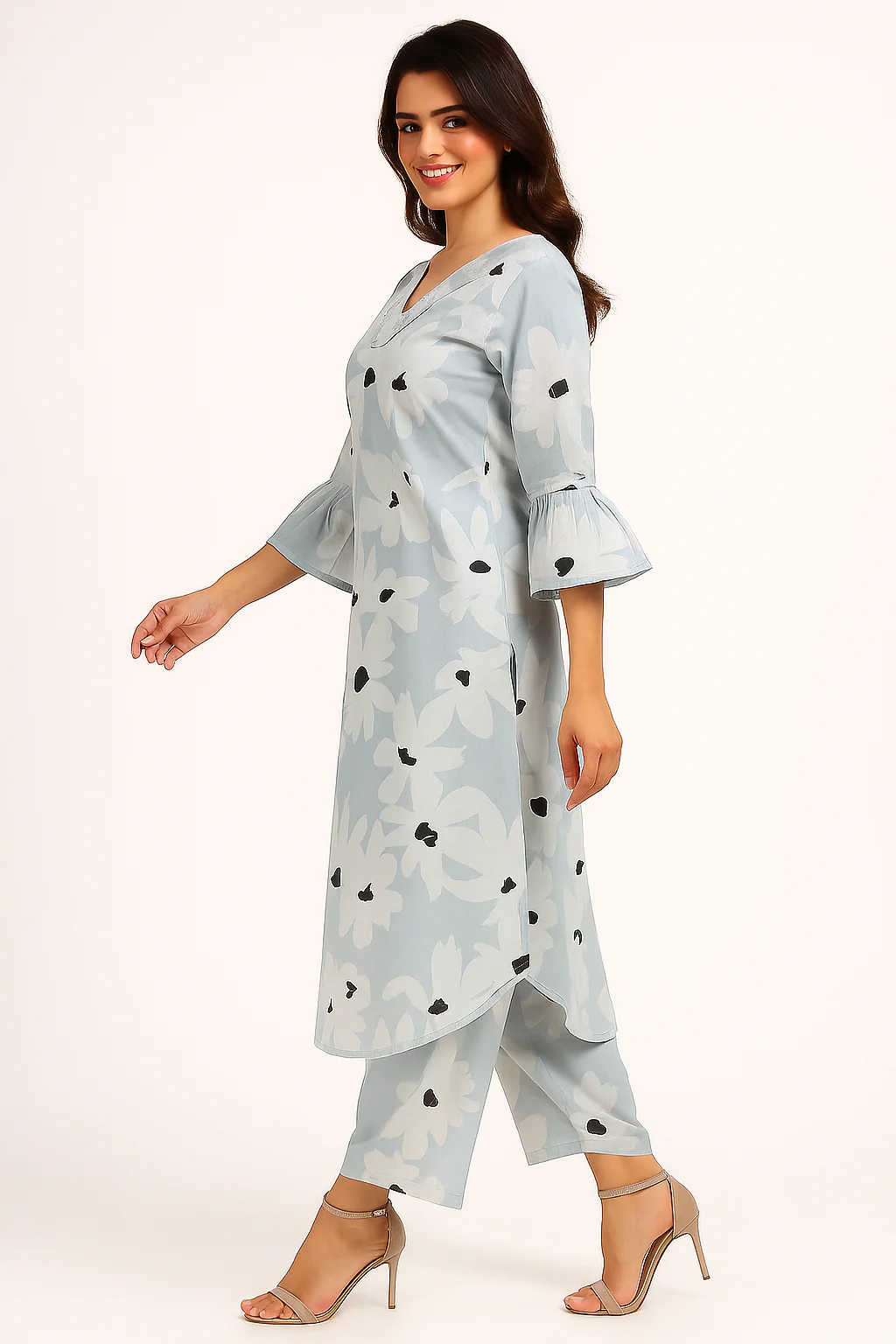 Powder Blue Floral Cotton A-Line Kurta with Matching Bottoms - Image 4