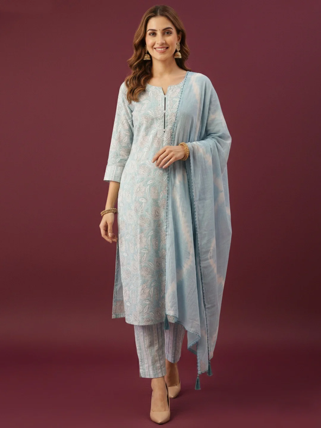 Powder Blue Floral Printed Pure Cotton Straight Salwar Suit for Elegant Day Wear