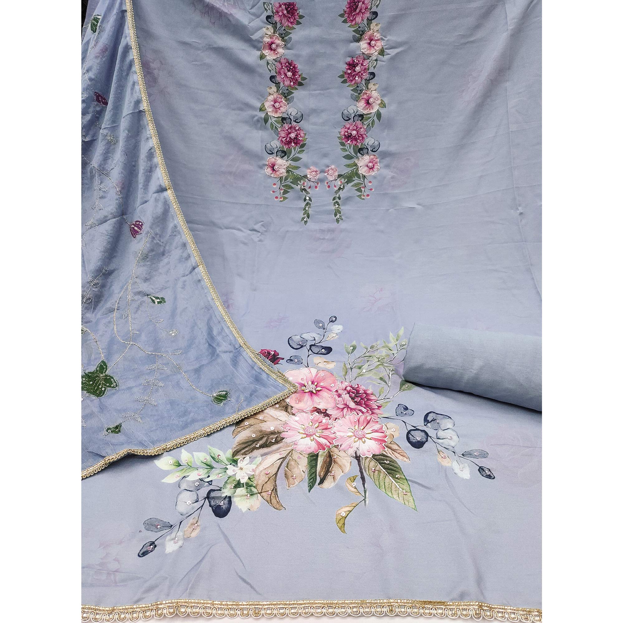 Powder Blue Rayon Fabric with Floral Print Dress Material - Image 4