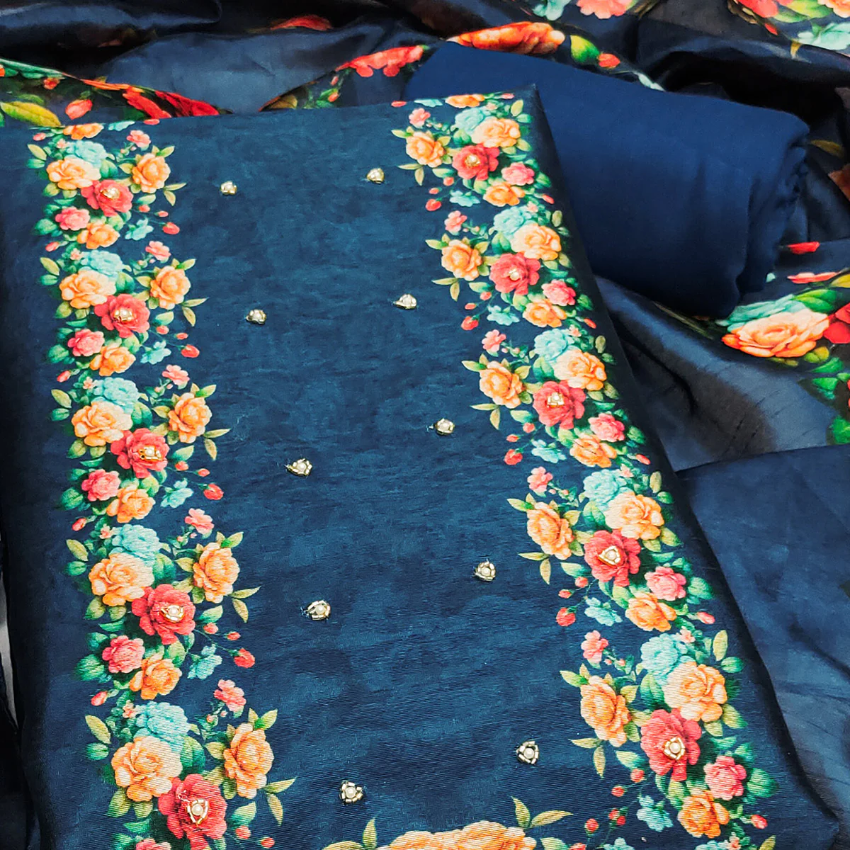 Premium Blue Floral Digital Printed Cotton Silk Dress Material With Moti Handwork - Image 2