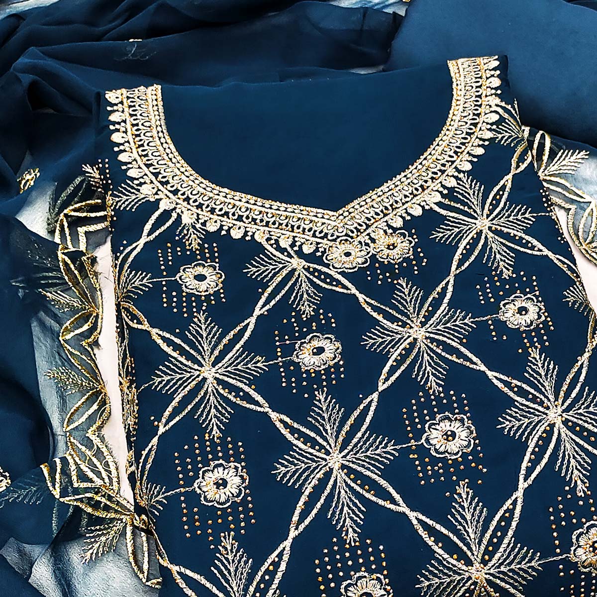 Premium Blue Floral Embroidered Georgette Dress Material Accentuated With Swarovski Detailing - Image 2
