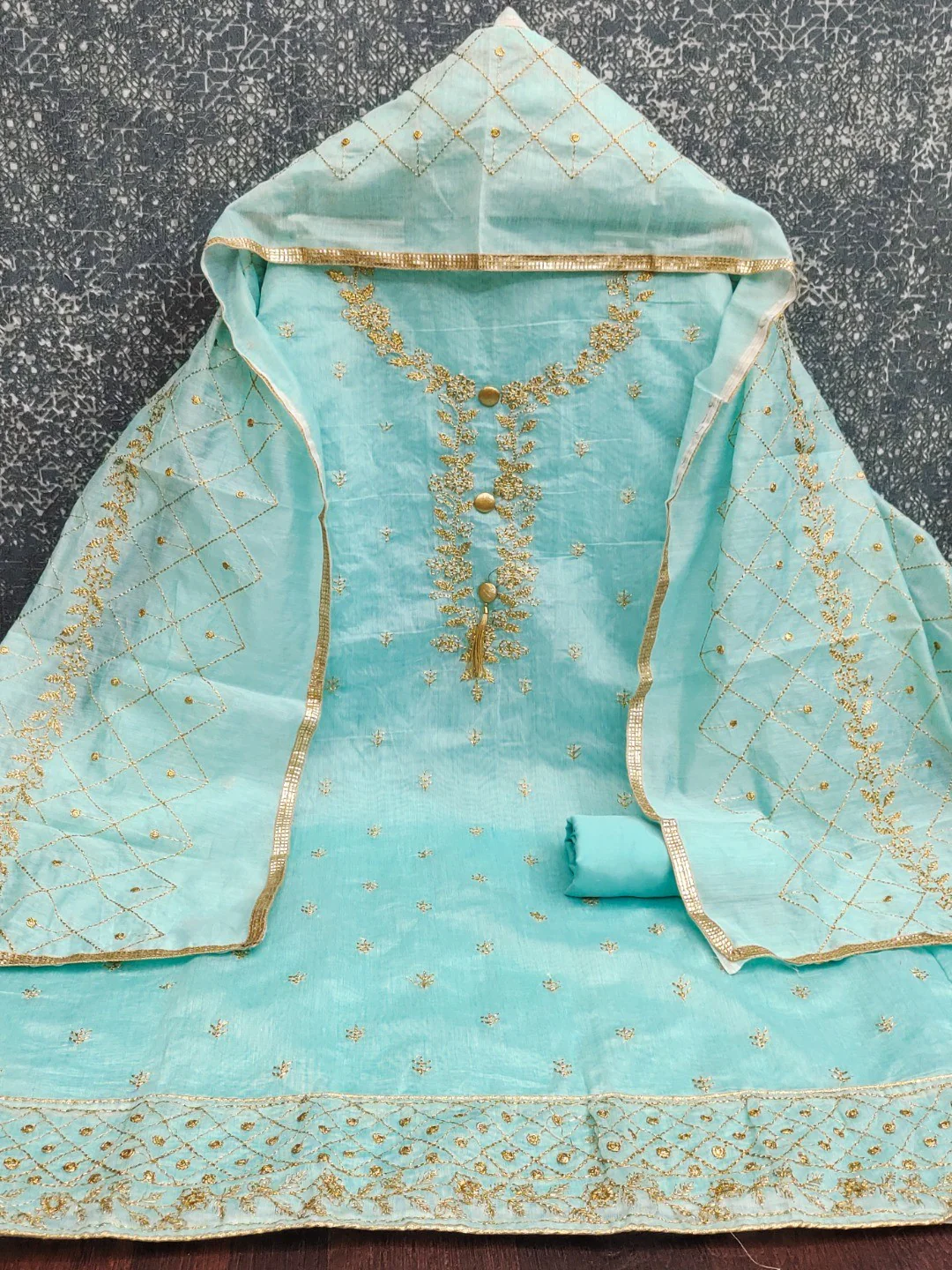 Premium Blue Floral Embroidery With Zari Work Chanderi Silk Dress Material - Image 2