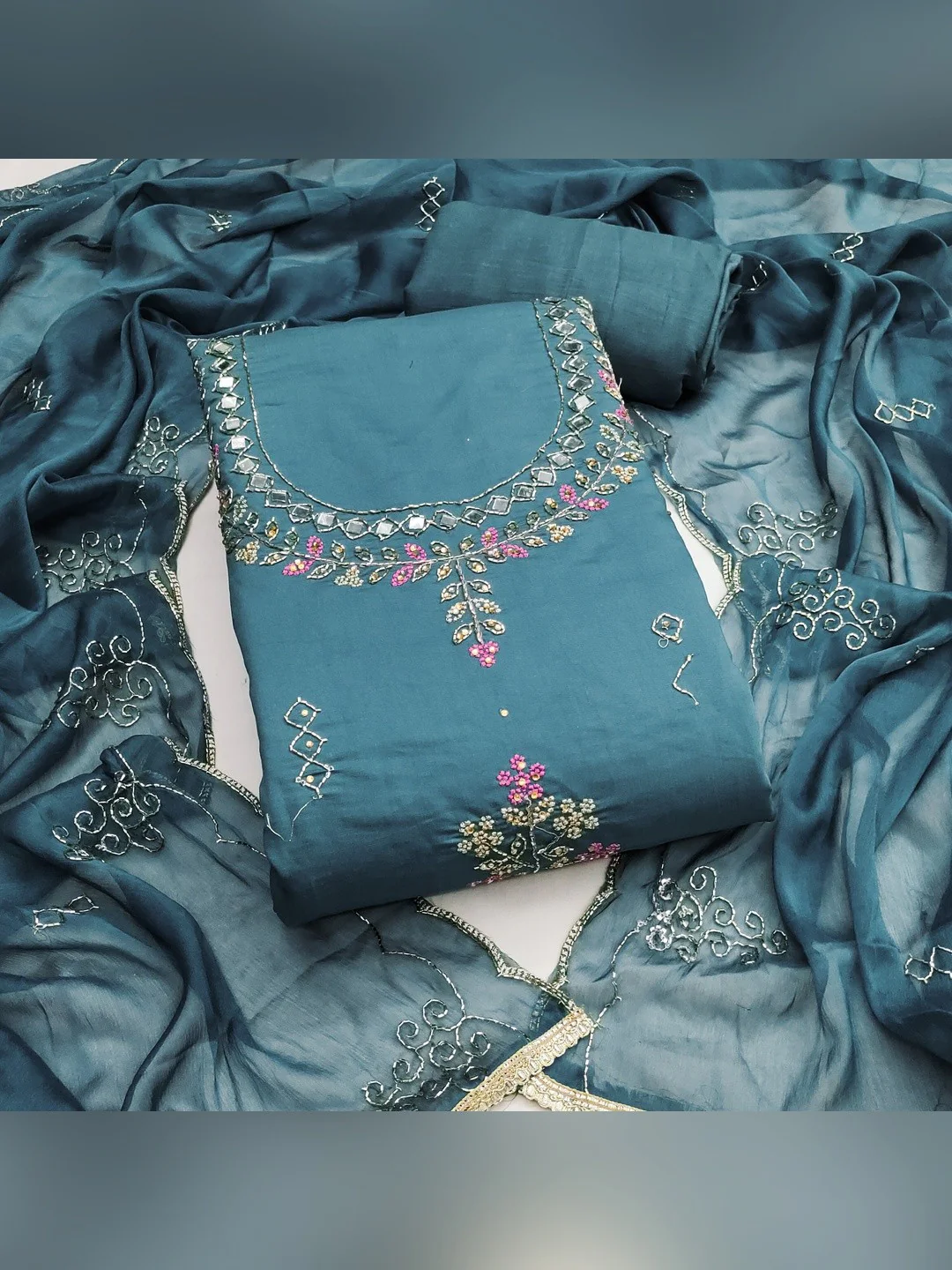 Premium Blue Floral Hand Embroidered Cotton Silk Dress Material With Stone & Mirror Work - Image 2
