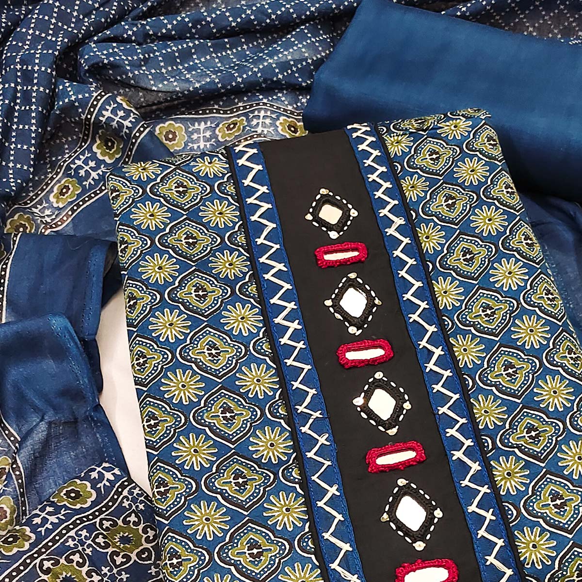 Premium Blue Floral Printed Pure Cotton Dress Material With Delicate Neck Embellishments - Image 2