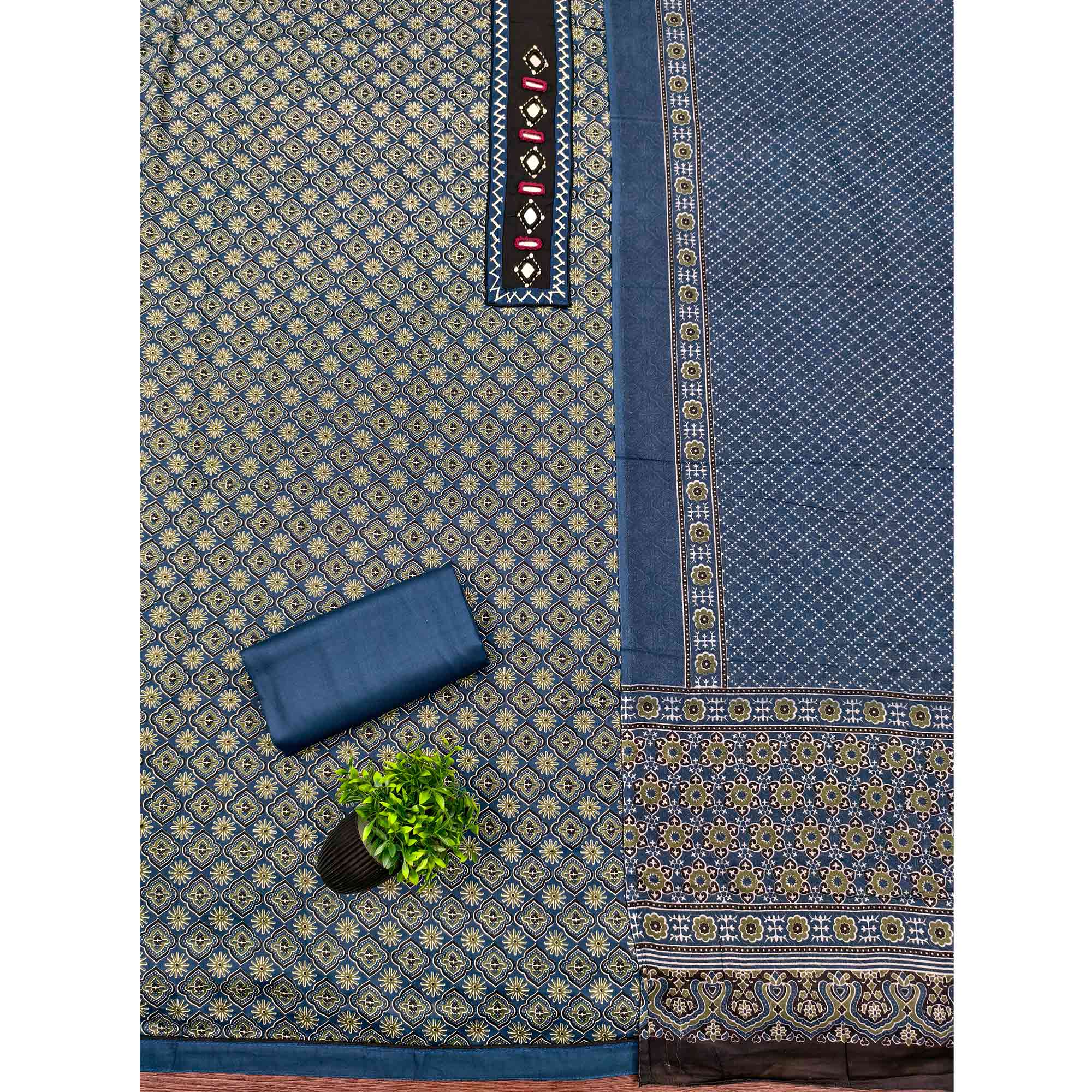 Premium Blue Floral Printed Pure Cotton Dress Material With Delicate Neck Embellishments - Image 3