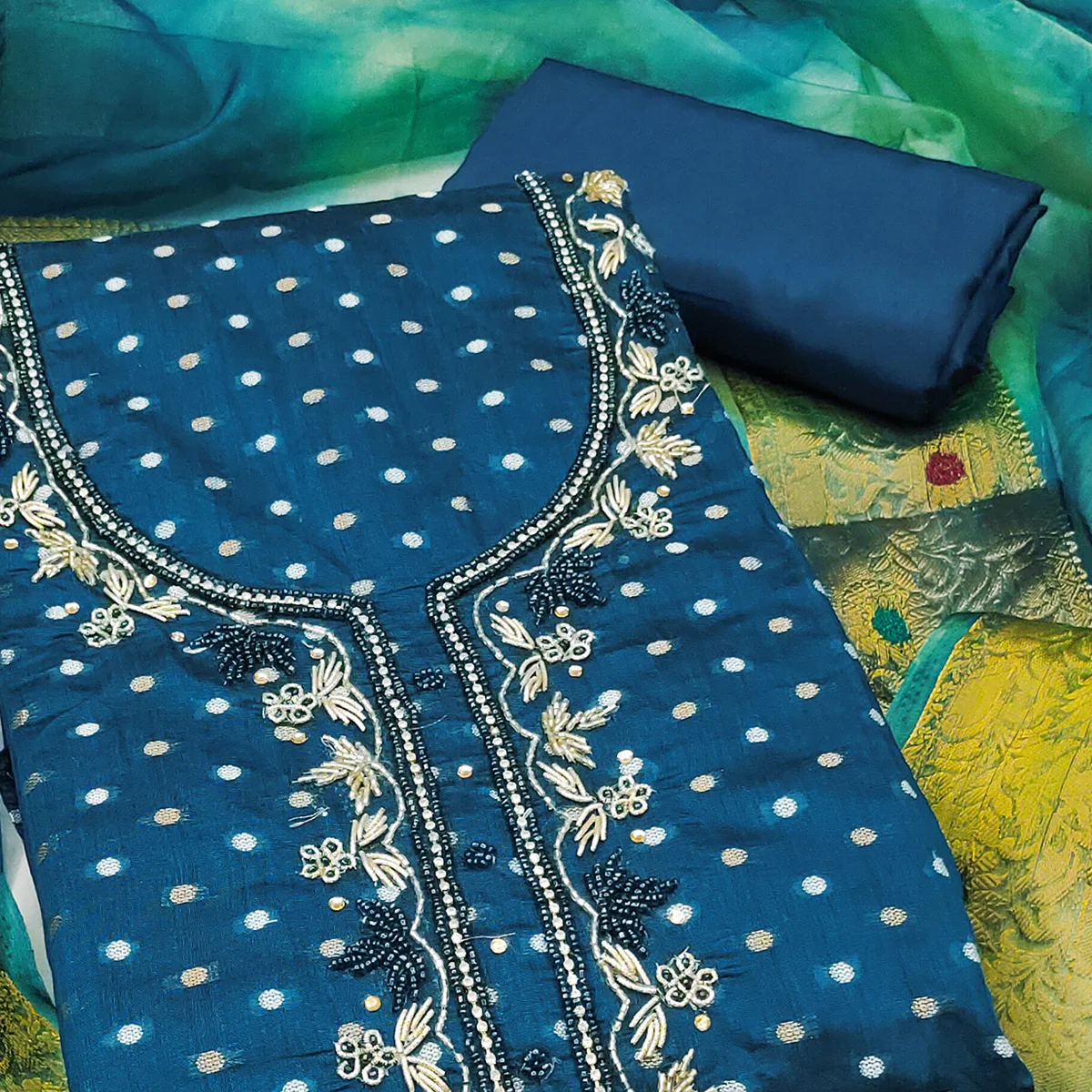 Premium Blue Woven Chanderi Silk Dress Material Highlighted with Beads & Moti Work - Image 2