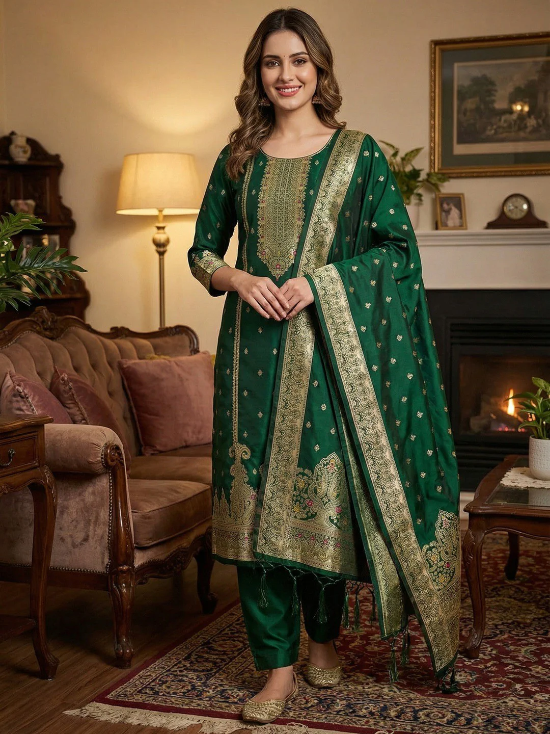 Premium Bottle Green Banarasi Silk Dress Material With Opulent Floral & Paisley Motif Zari Weaving