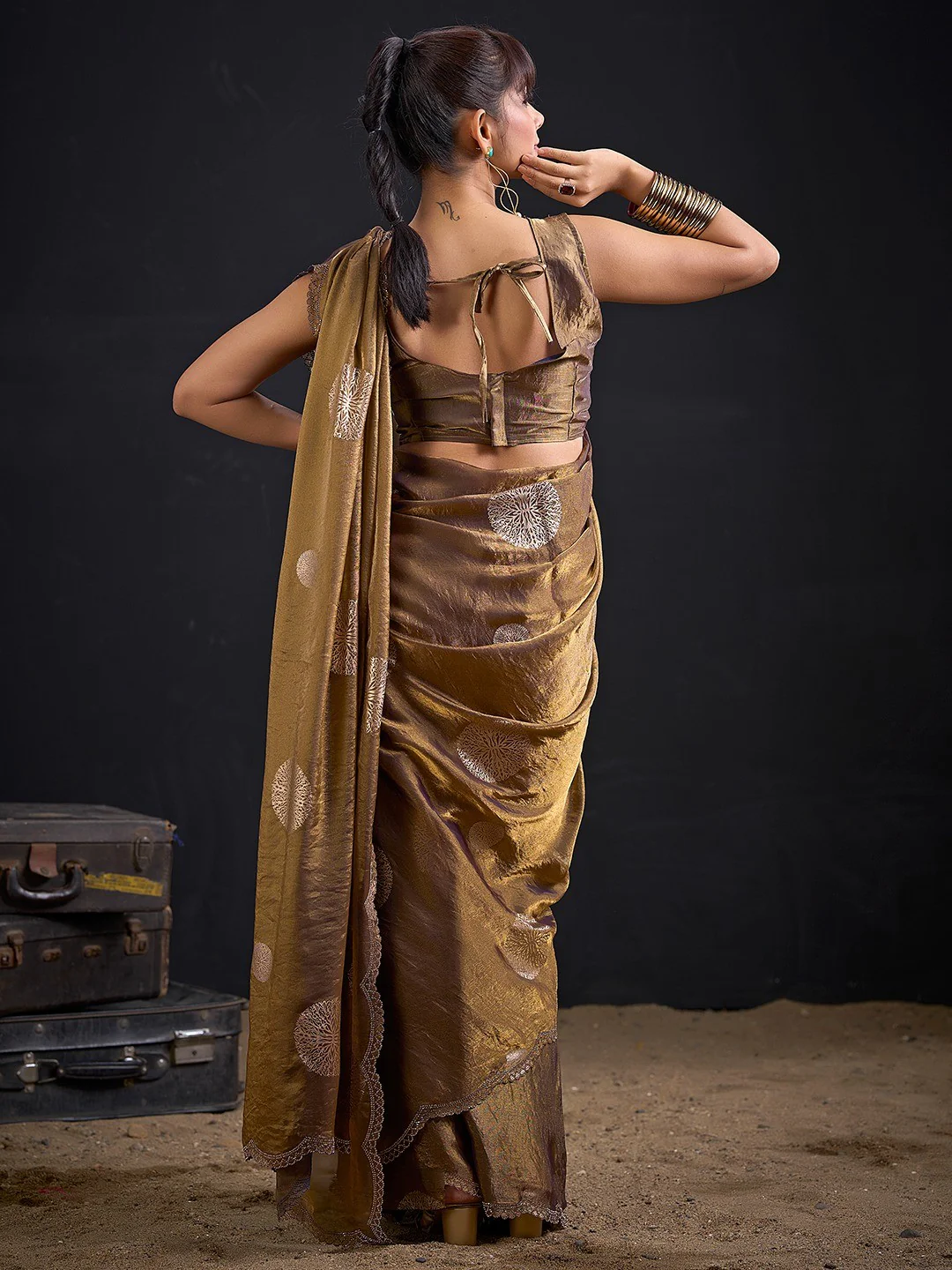 Premium Bronze Brown Satin Silk Saree Featuring Stone Work Border & Foil Print - Image 2