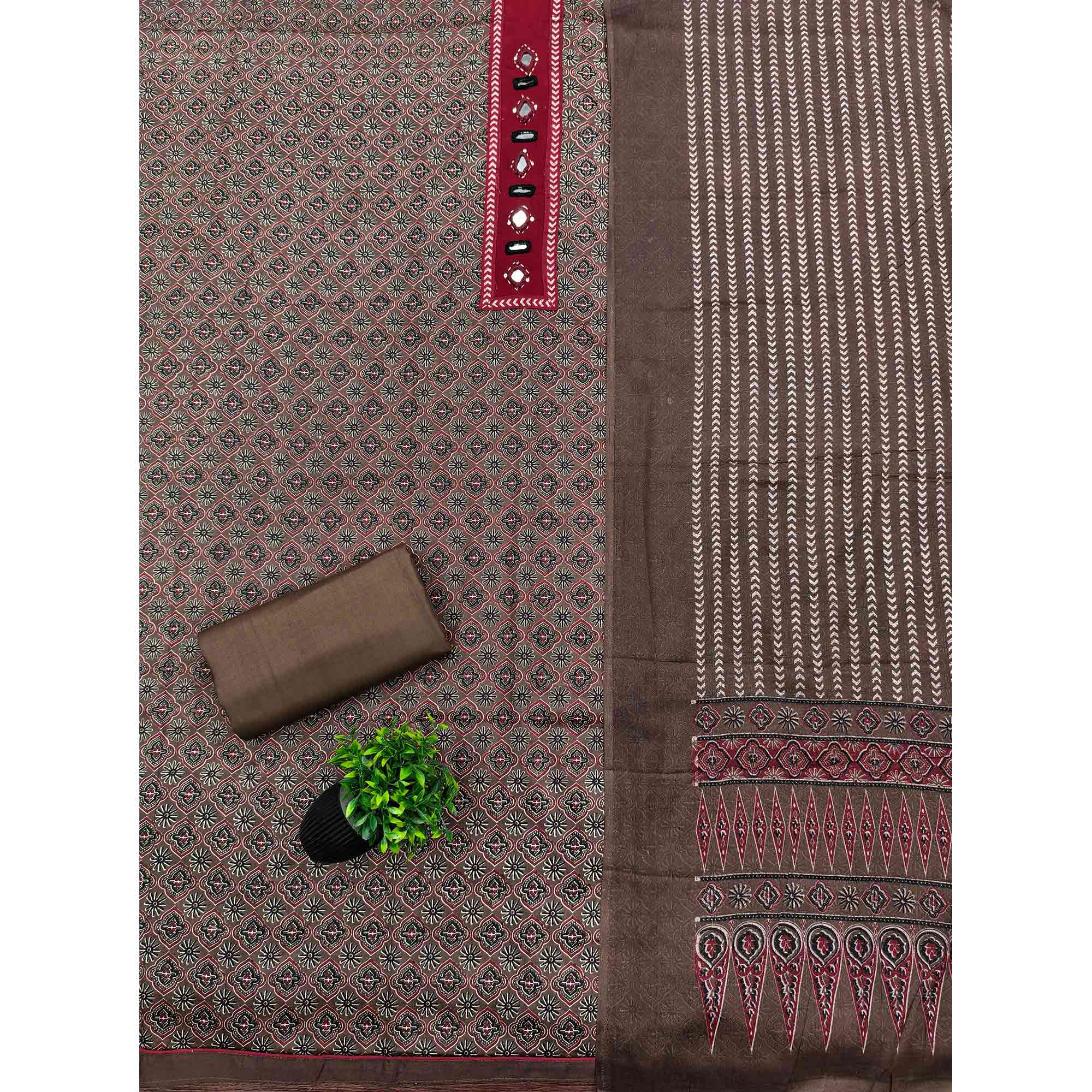 Premium Brown Floral Printed Pure Cotton Dress Material With Delicate Neck Embellishments - Image 3