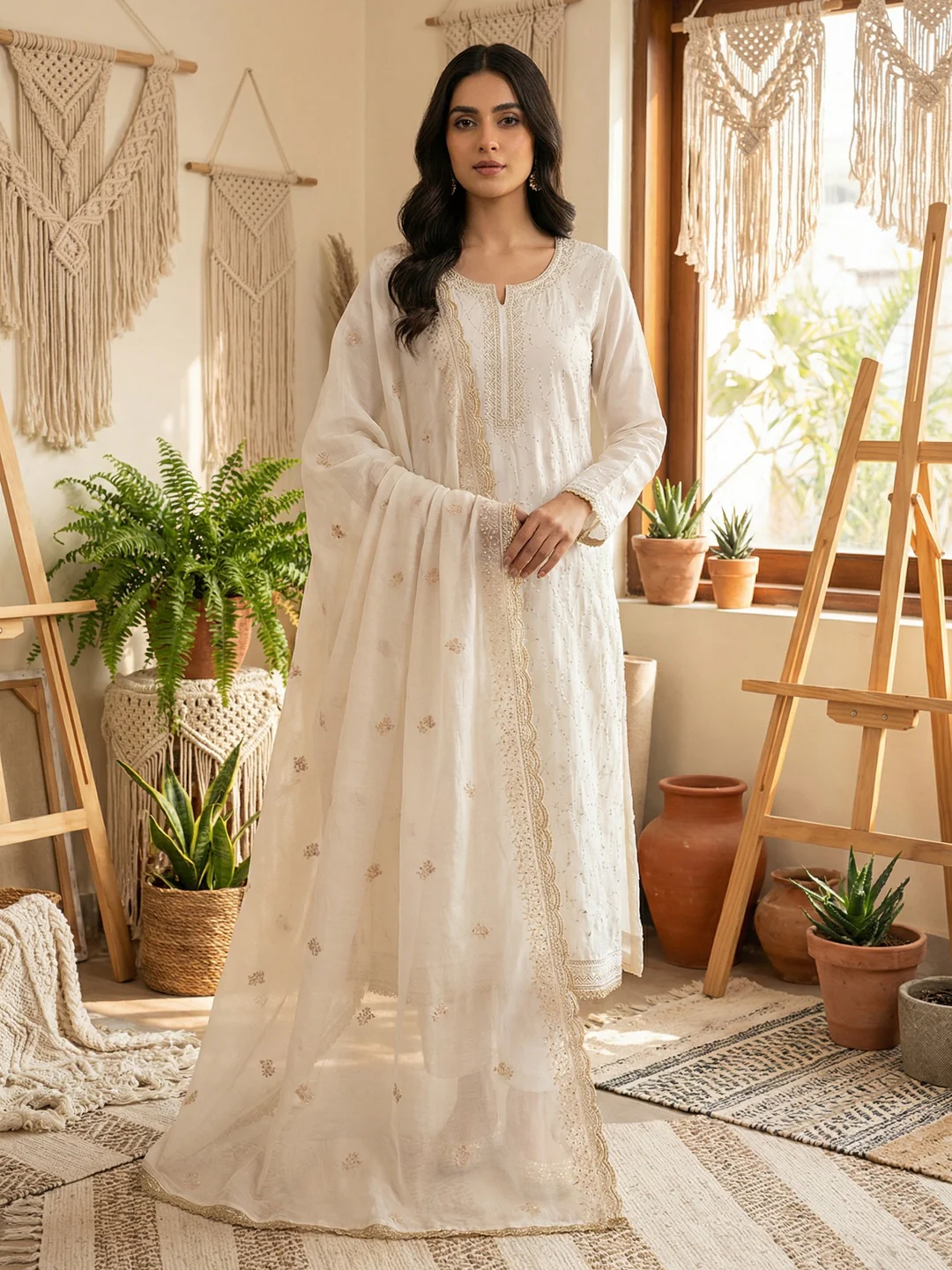Premium Cream Cotton Silk Dress Material Enhanced With Delicate Thread Embroidery & Handwork